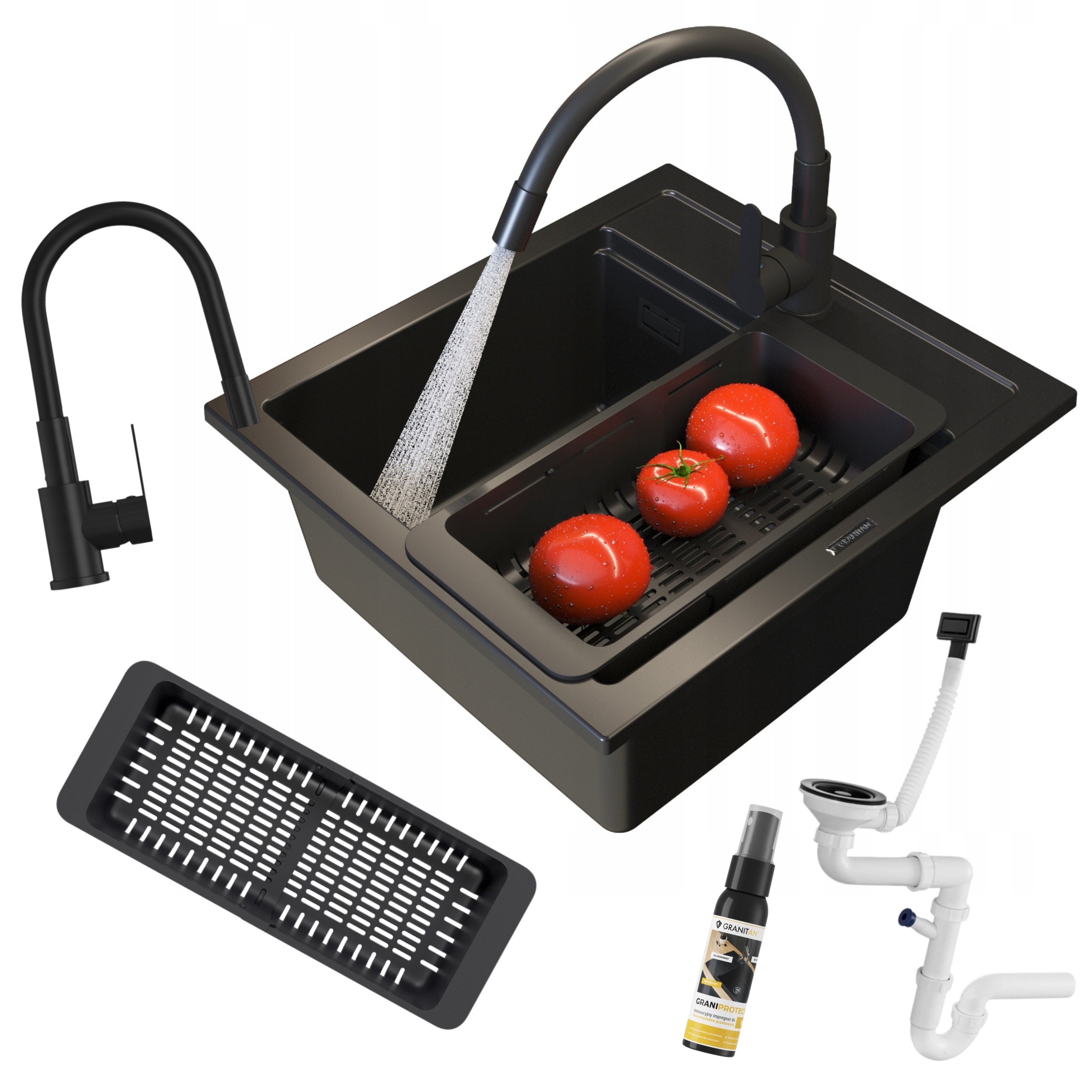 Dřez jednokomorový Stone M Set, košík, baterie, sifon