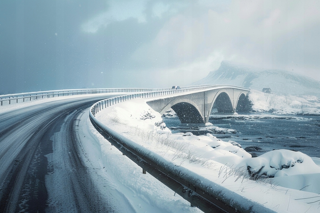 Obraz Na Plátně Canvas Most Zima Atlantic Road Norsko Sníh Hory 120x80