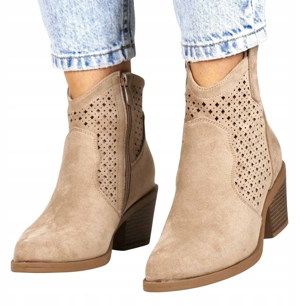 Kotníkové Boty Kovbojské Boty Ažurové Khaki Béžové Semišové Na Zip Módní 39
