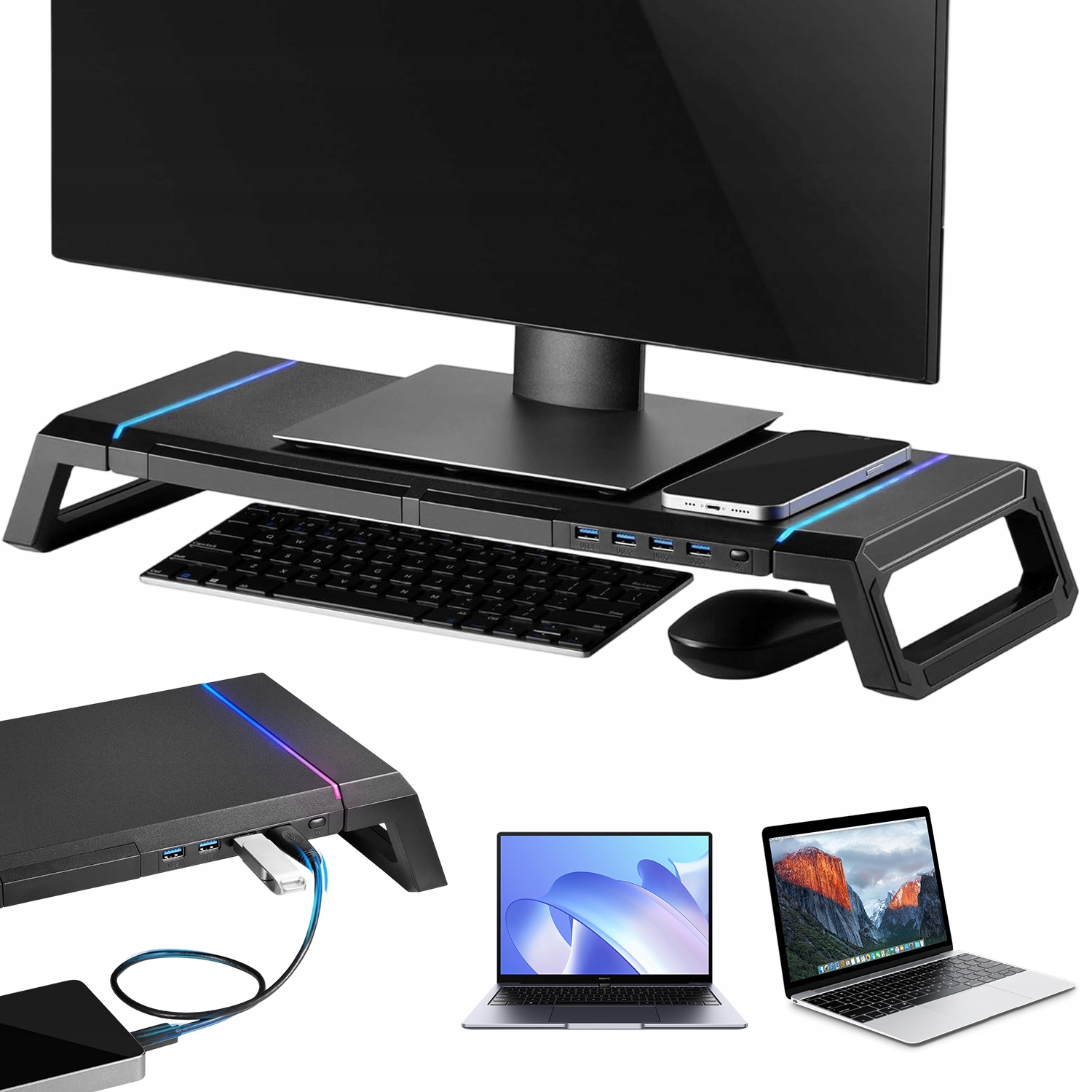 Podstavec Pod Monitor S Rgb Podsvícením A Zásuvkou Na Akcesoria