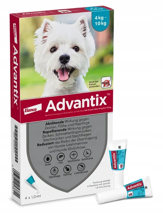 Advantix Krople dla psów na Kleszcze od 4kg do 10kg pipeta 1ml x 4szt