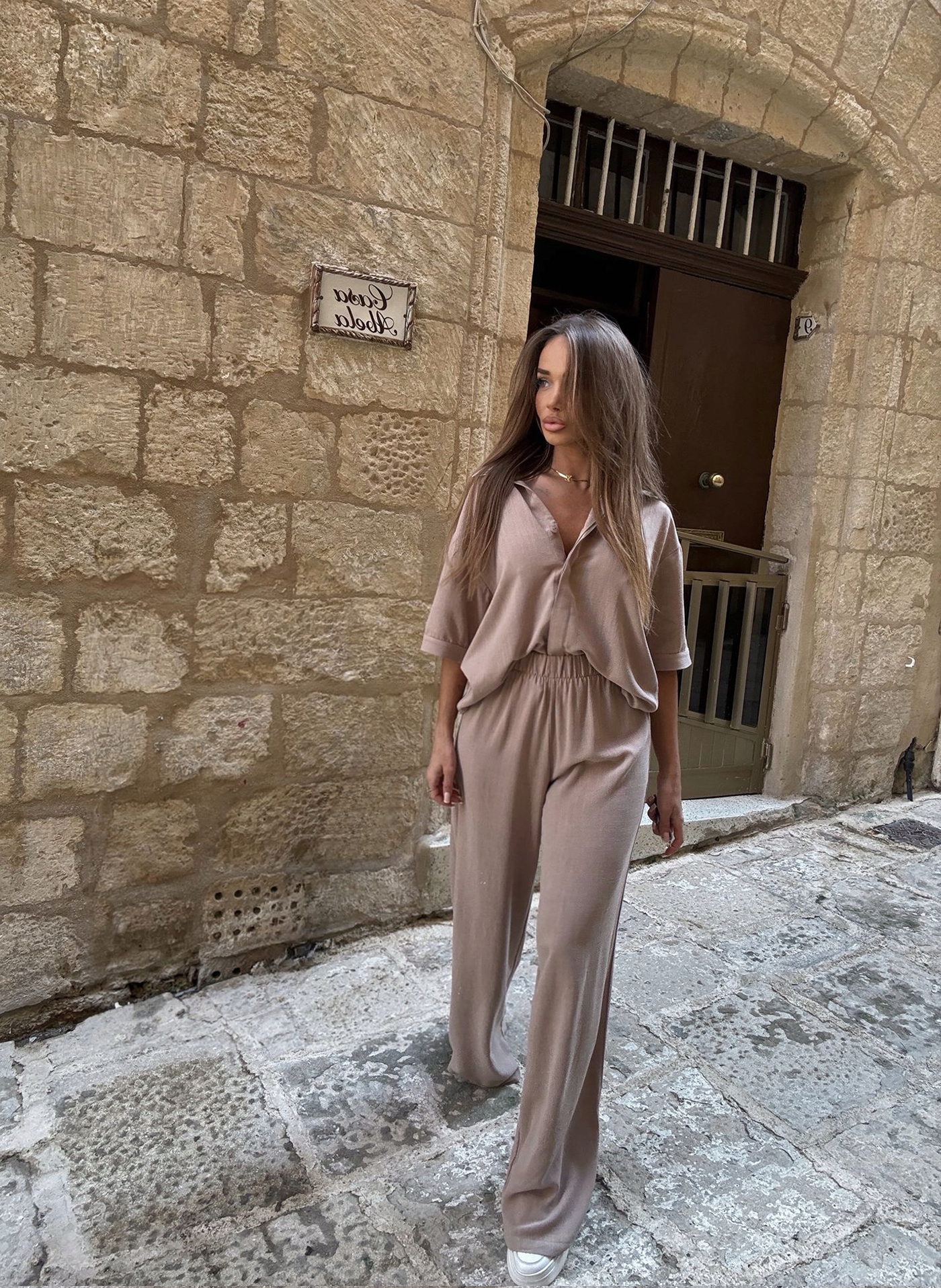 Lněná dámská košile kalhoty Béžová Agatha Studio One Size