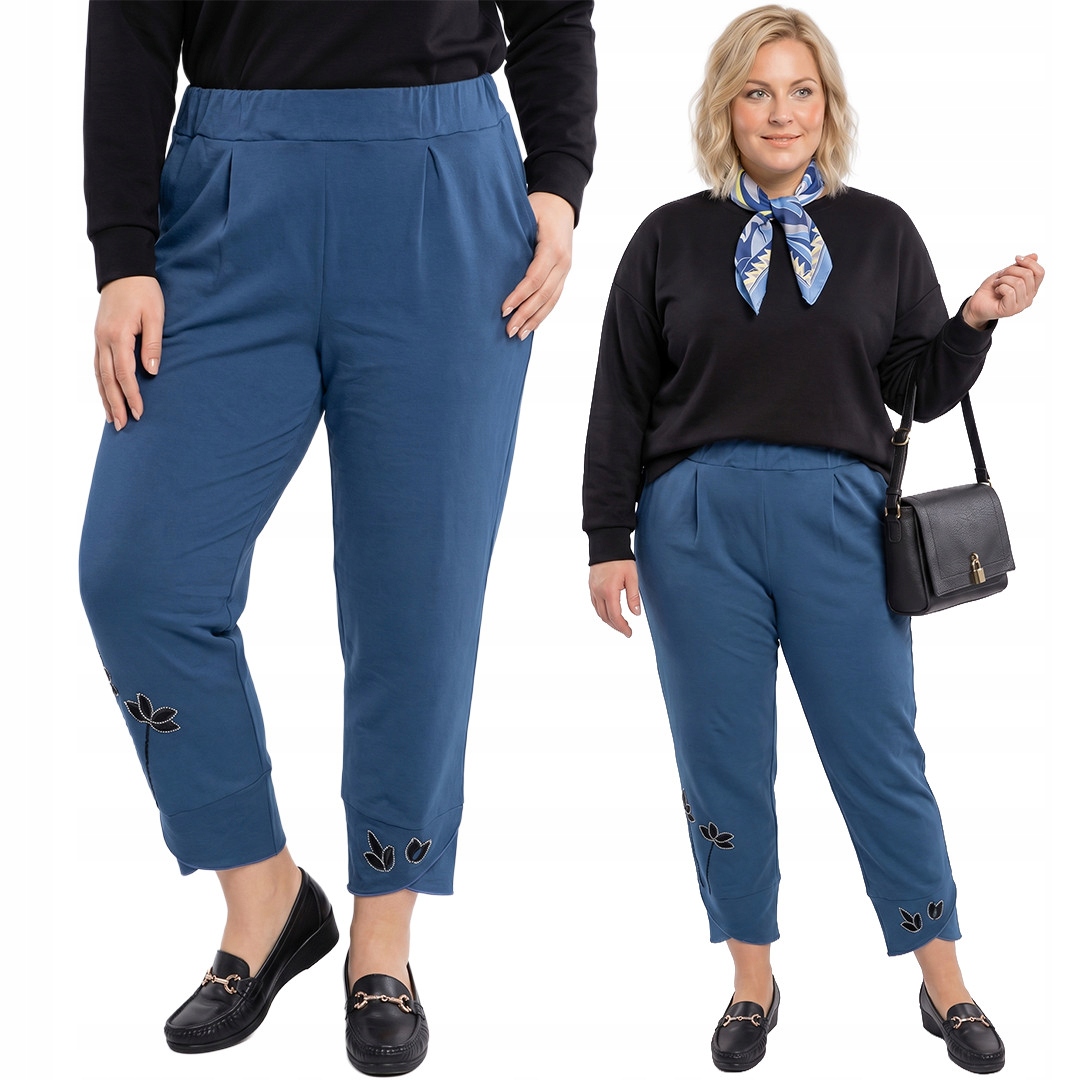 Modré 7/8 kalhoty se stříbrnými květy plus size velikost 56/58