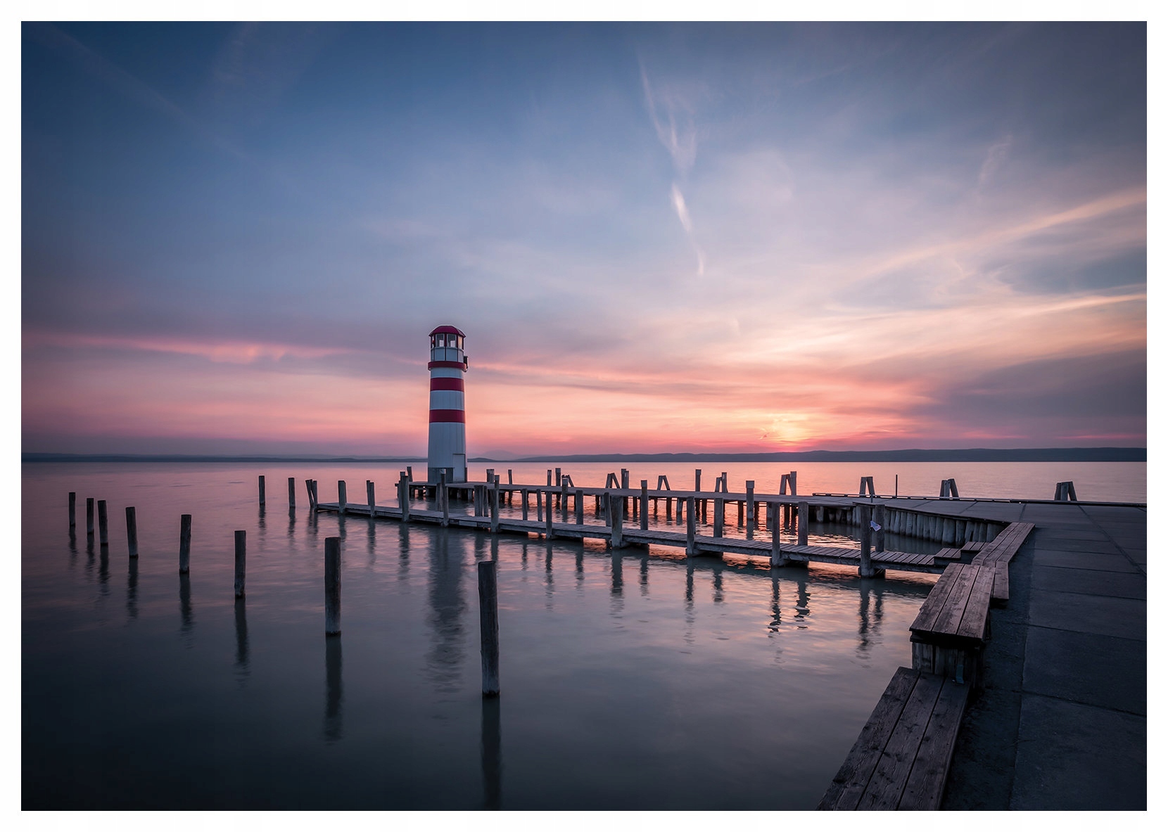 Tapeta Maják jazero západ slnka pastelové farby 312x219 lepidlo