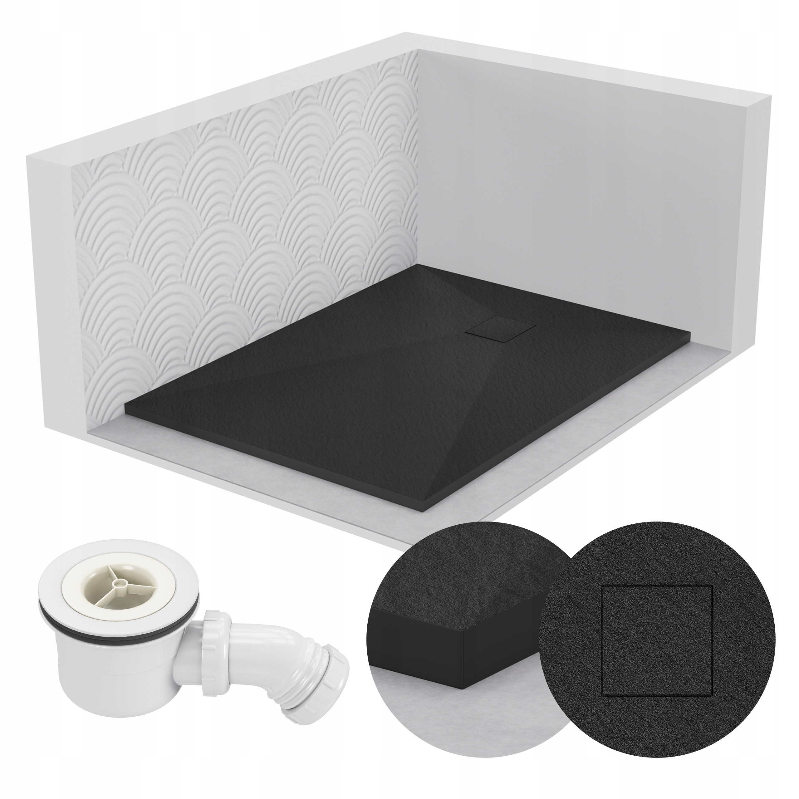 Obdélníková sprchová vanička 110x70 kamenný vzor 2,6 cm černá sifon