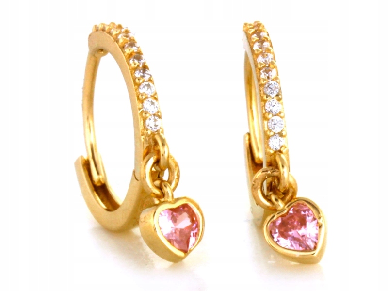 Náušnice zlaté kroužky 585 s malým závěsným růžovým srdcem jako dárek