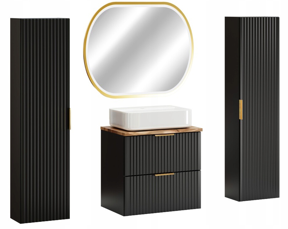 Sada koupelnového nábytku Adel černá matná deska dub wotan zrcadlo