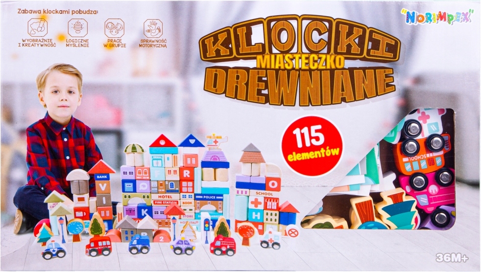 KLOCKI DREWNIANE MIASTECZKO EDUKACYJNE 115 ELEMENT Bohater / Bajka brak
