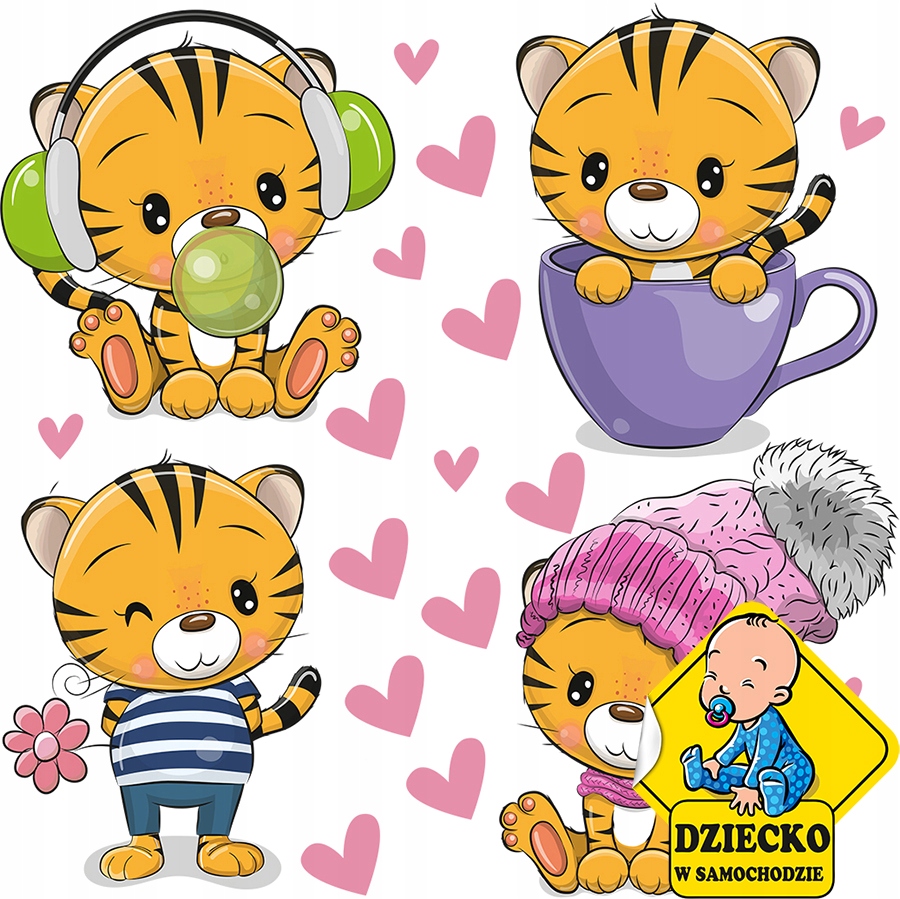 

XL Duża Naklejka na ścianę Tygryski Serca 57x54