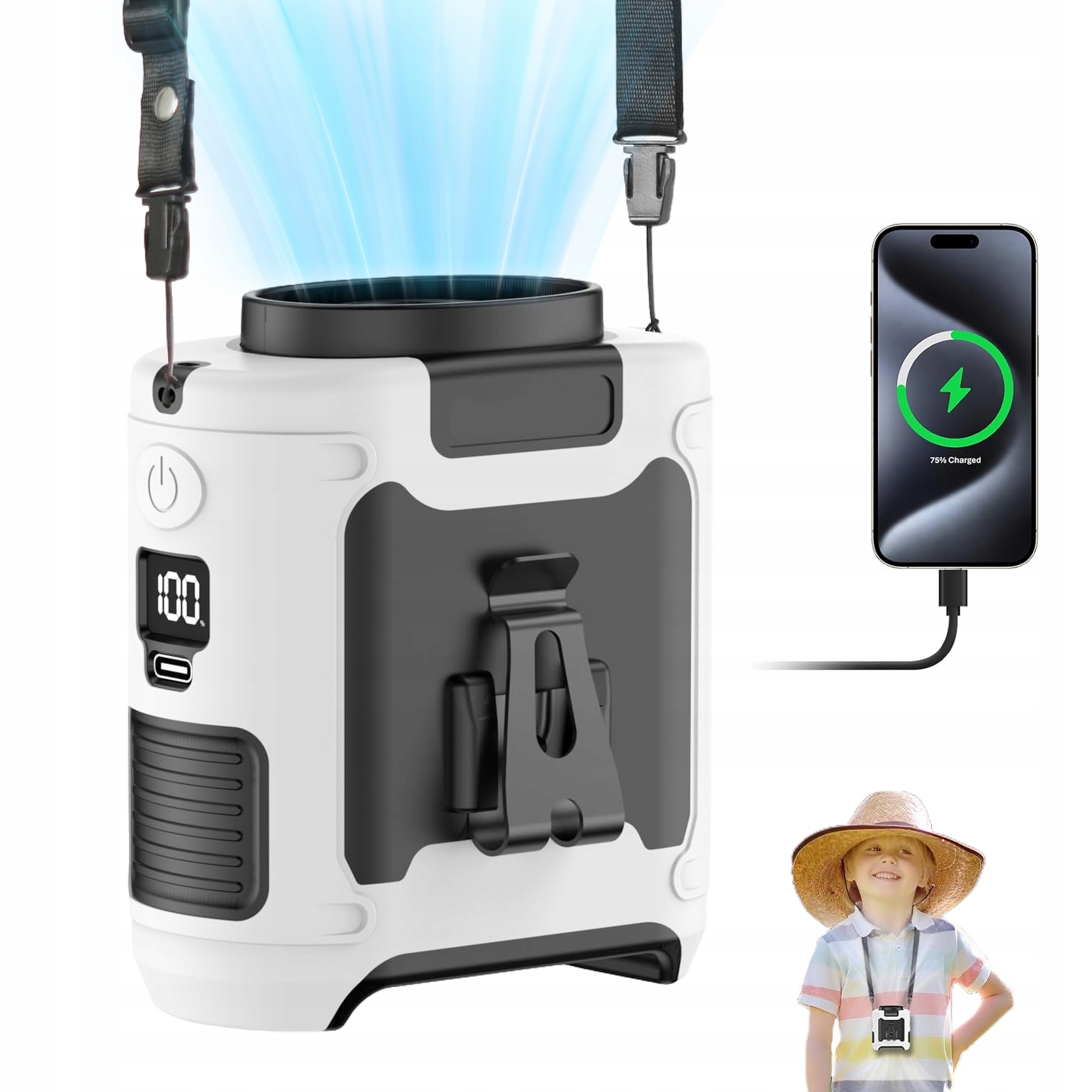 Přenosný Ventilátor Na Opasek Se Svítilnou A Režimem Omáčky Pro Kancelář I Domácnost