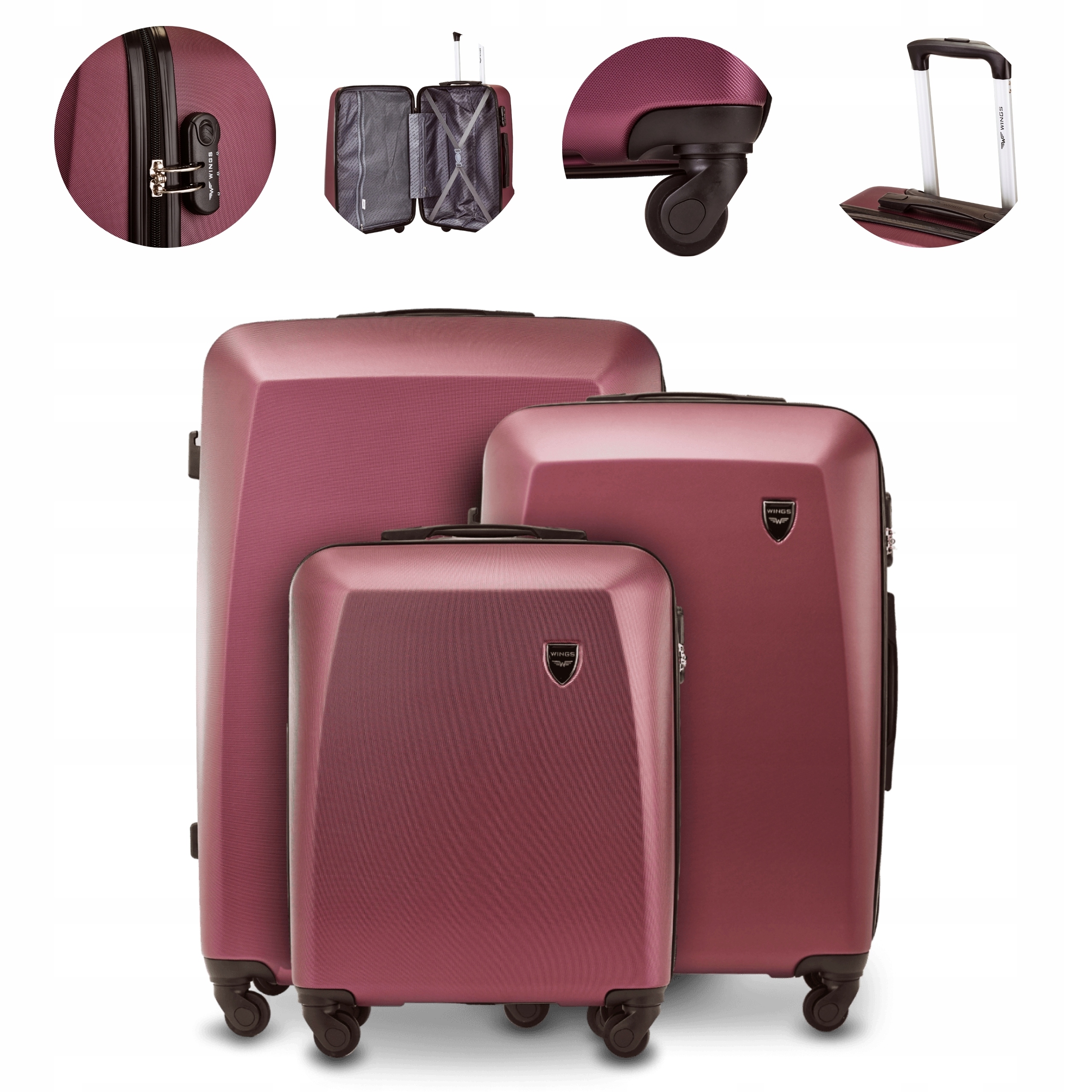 Sada 3 kufrů na 4 kolečkách Sada tvrdých cestovních zavazadel Wings