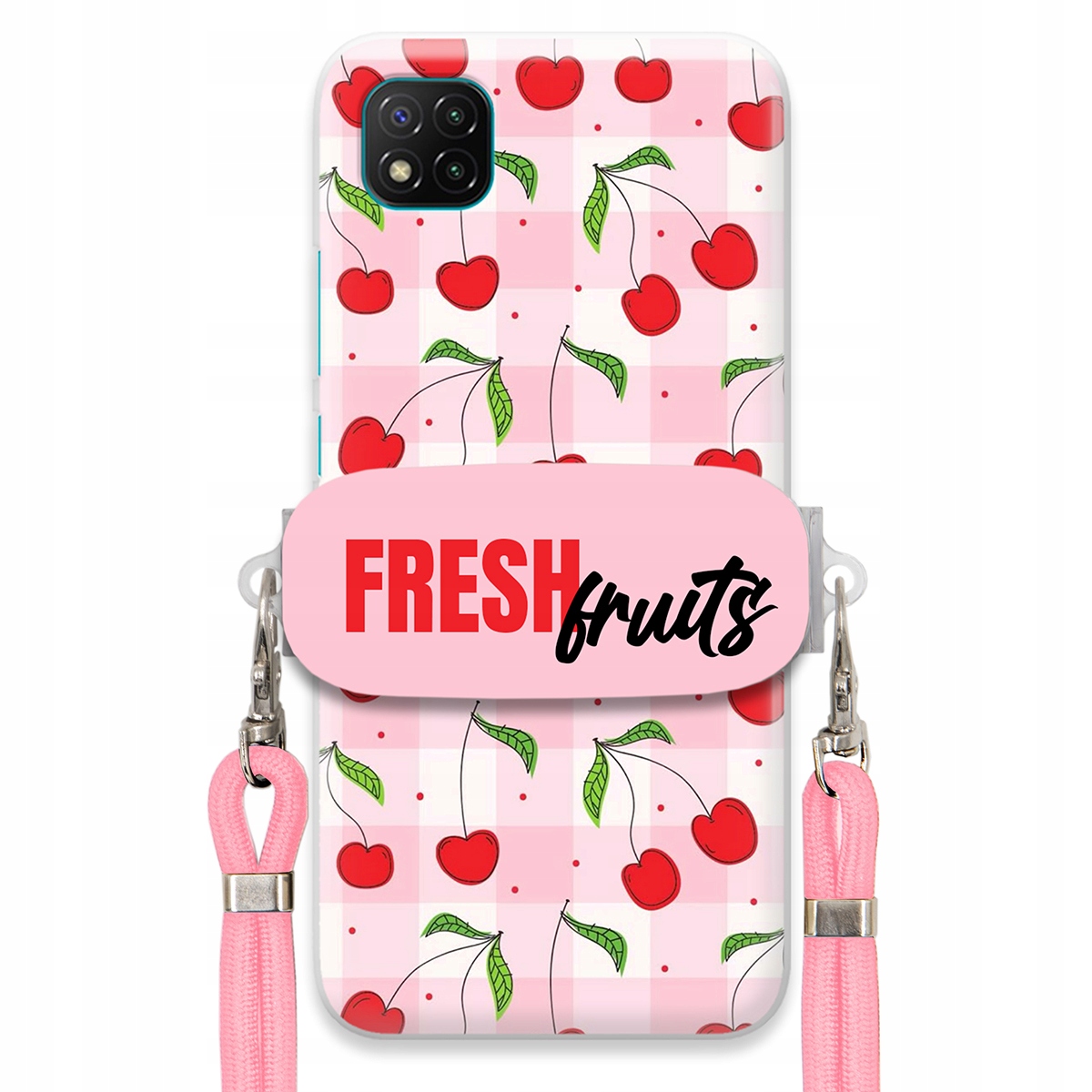 Pouzdro pro Xiaomi Poco C3 Case Držák Šňůrka Růžová Fresh Fruits Mřížka