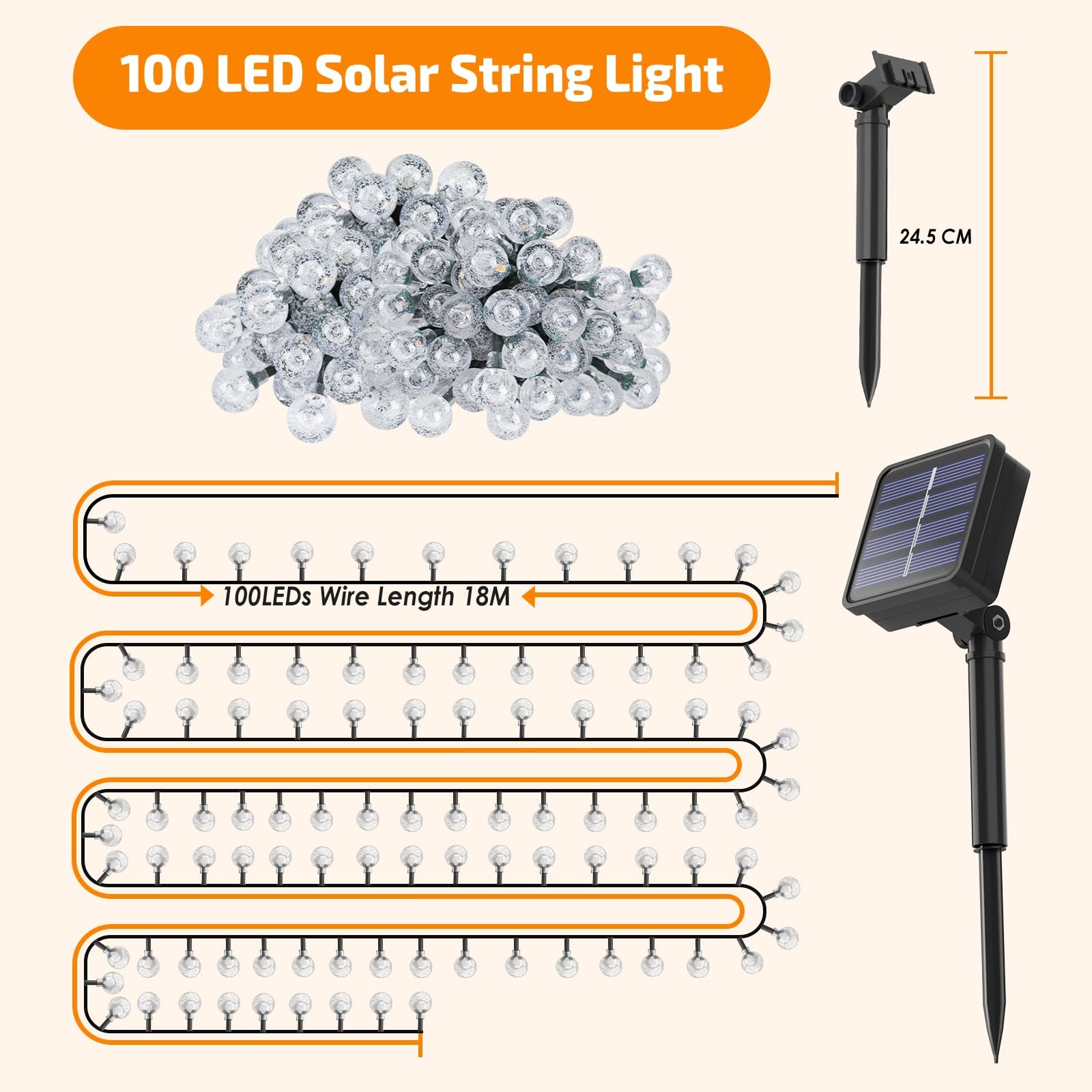 Solarny Łańcuch 100 LED 18M IP65 Lampiony Balkon Ogród Święta — miniatura 5