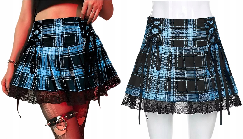 Stylová plisovaná kostkovaná sukně s krajkou rock punk emo goth L