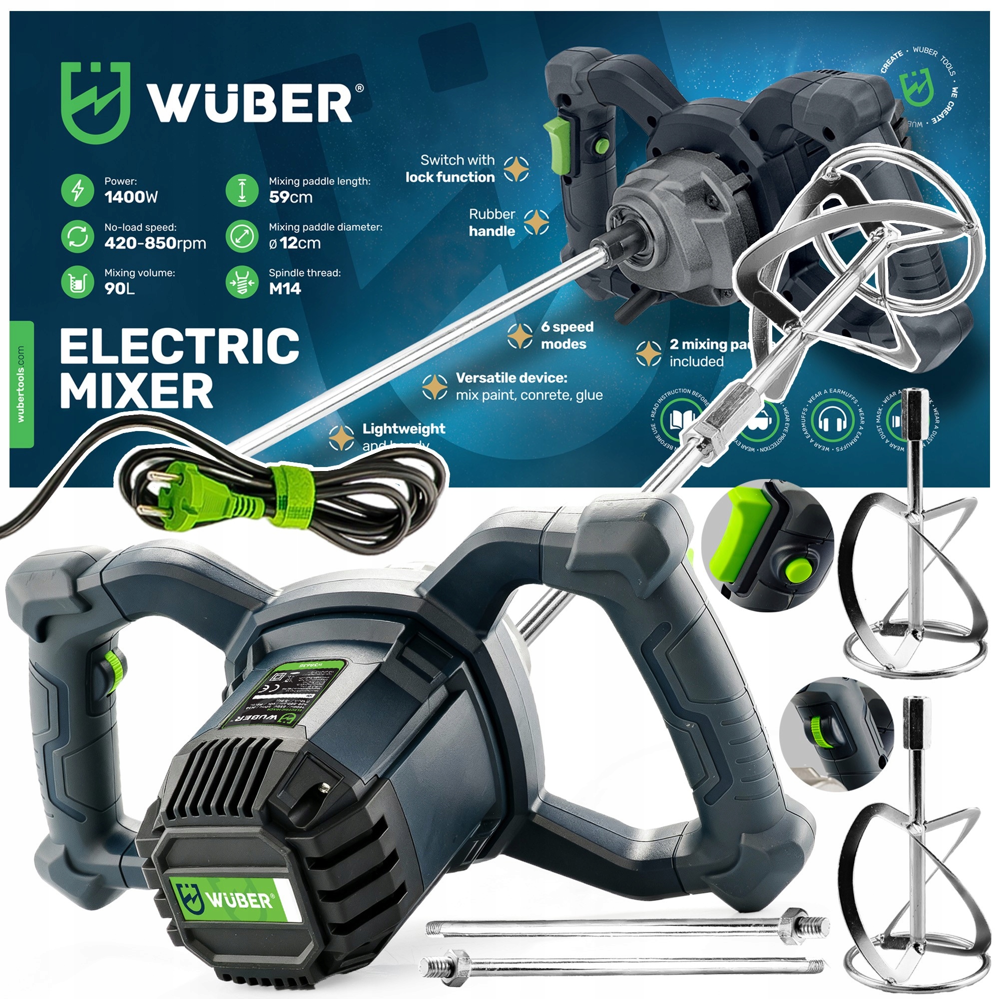 Mieszadło Do Betonu Kleju Elektryczne 1400W 2x Mieszalniki Przedłużki