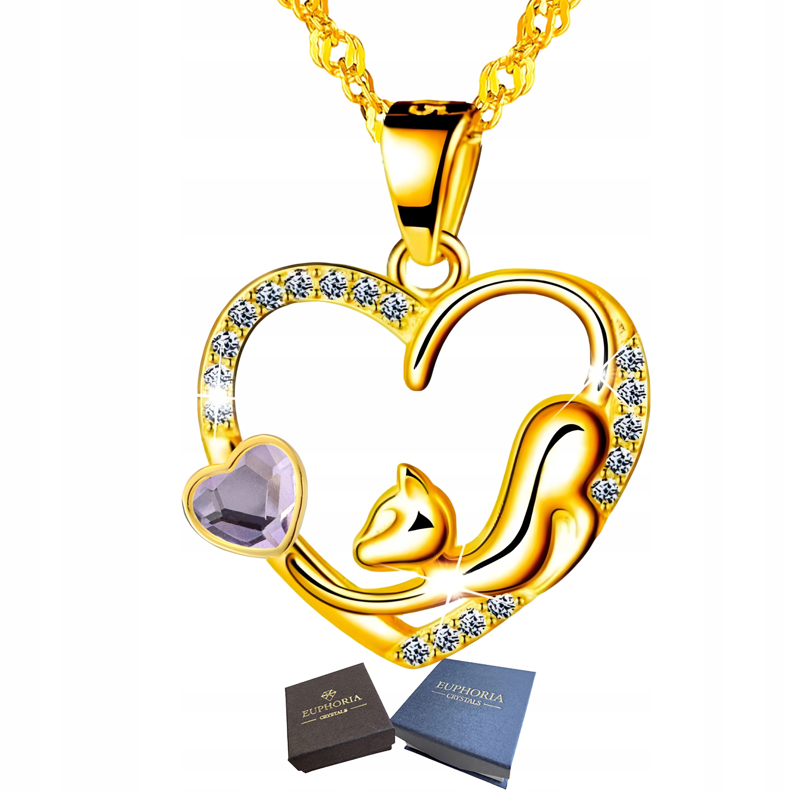 Zlatý náhrdelník Stříbro 925 Srdce s kočkou a zirkony Celebrity pro maminku