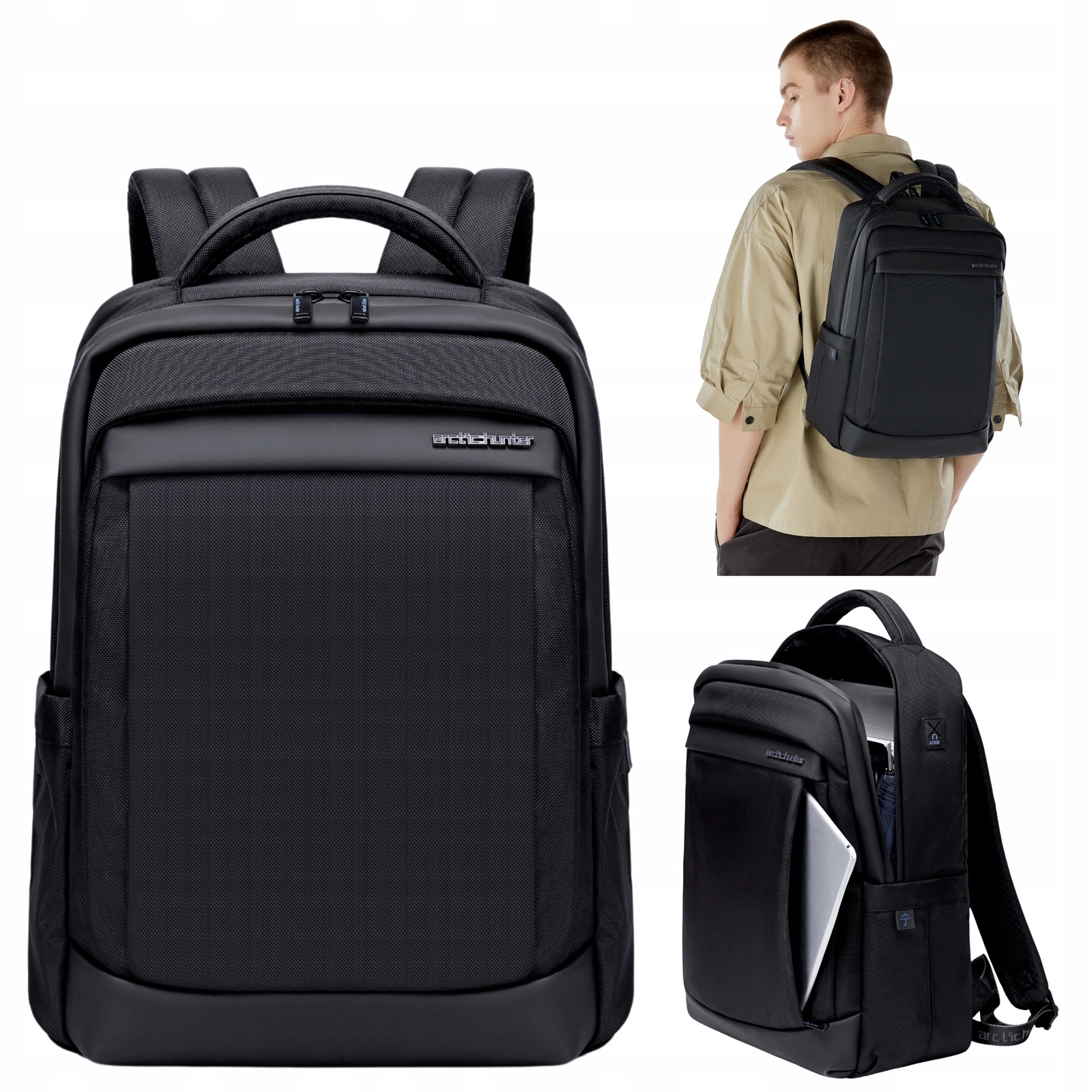 Plecak na laptopa czarny 15,6 miejski męski materiał wodoodporny