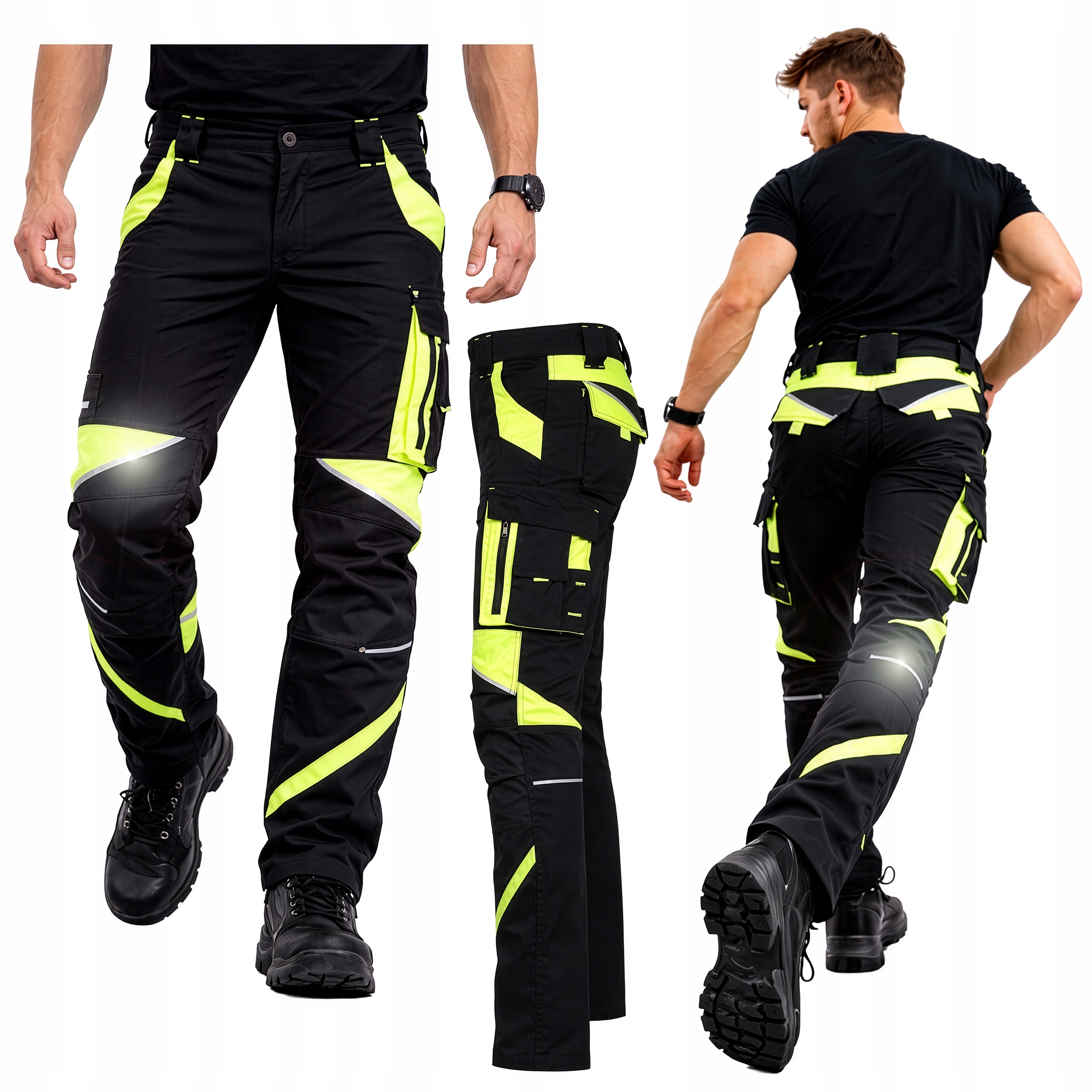 Spodnie robocze męskie Elastyczne Stretch Bawełna Odblaskowe Żółte do pasa