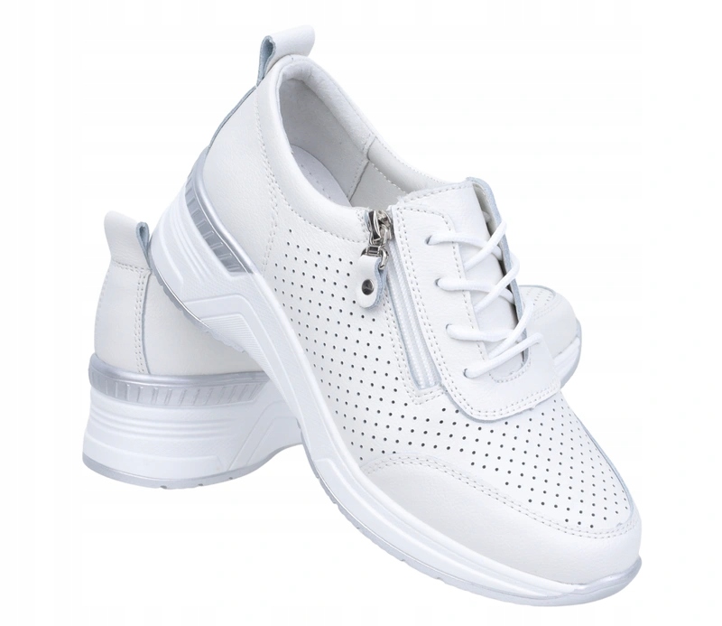 Białe skórzane półbuty komfortowe z zamkiem na niskiej koturnie komfortowe