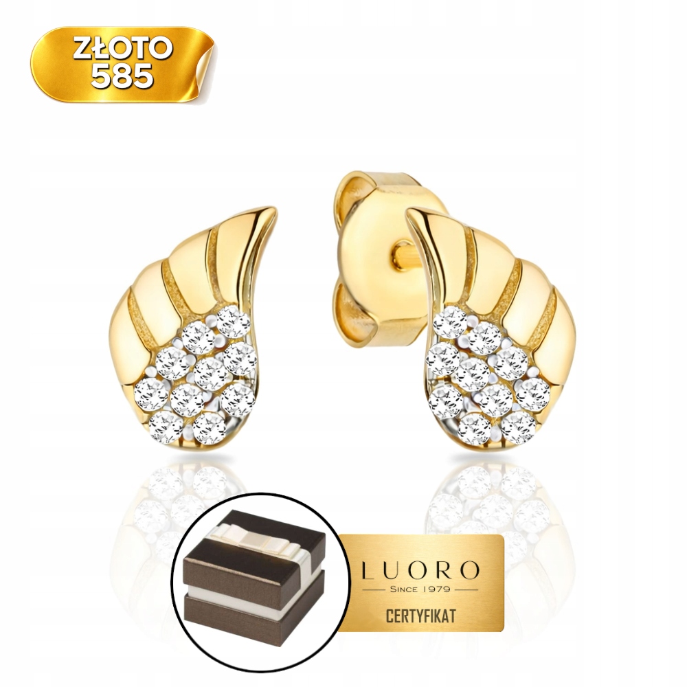 Náušnice Zlaté 585 14K Křídla Se Zirkony Tyčinka 8 MM Elegantní