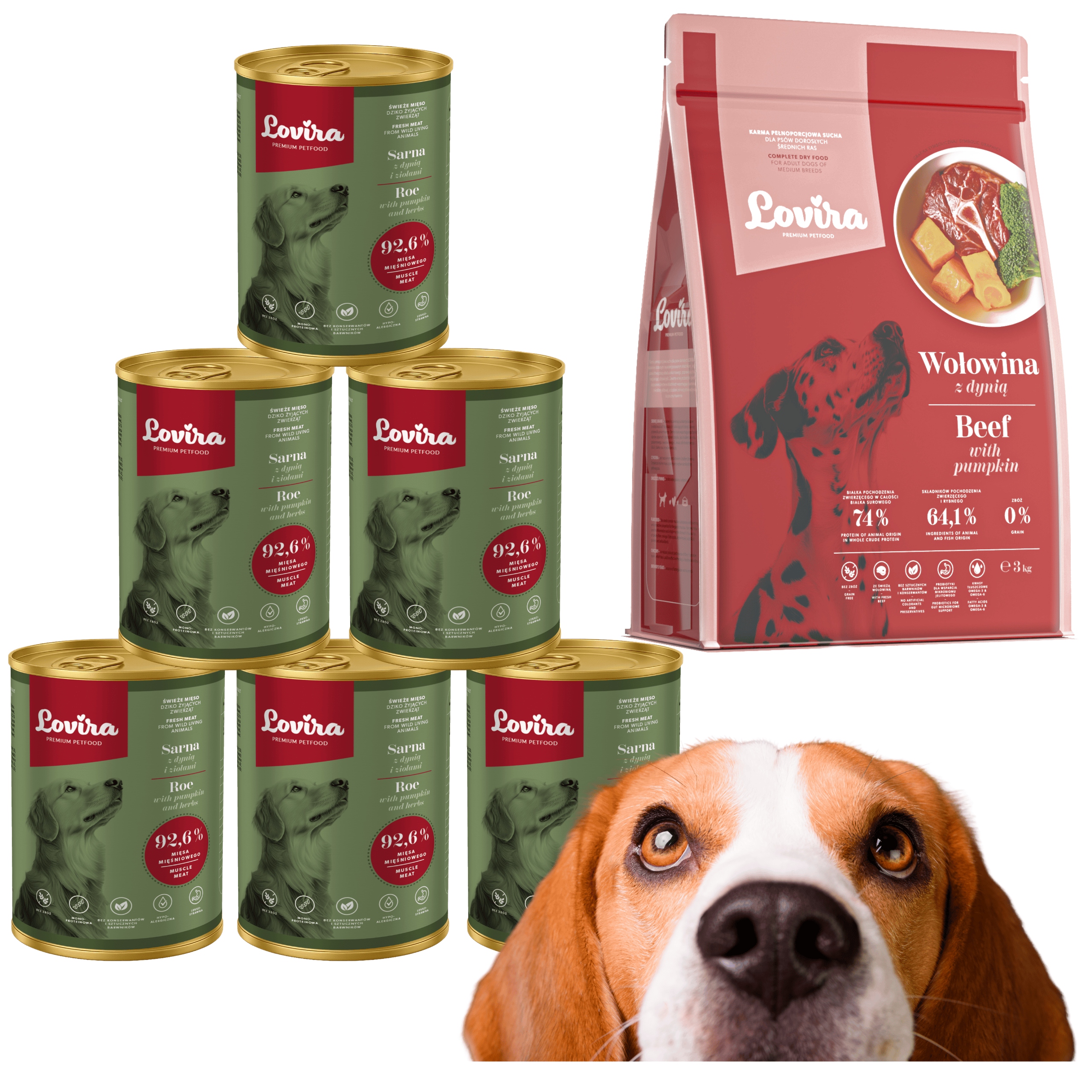 Levně Krmivo Suché Hovězí Maso+ 6x Krmivo Vlhké Sarna 92,6% bezobilné Vitamíny