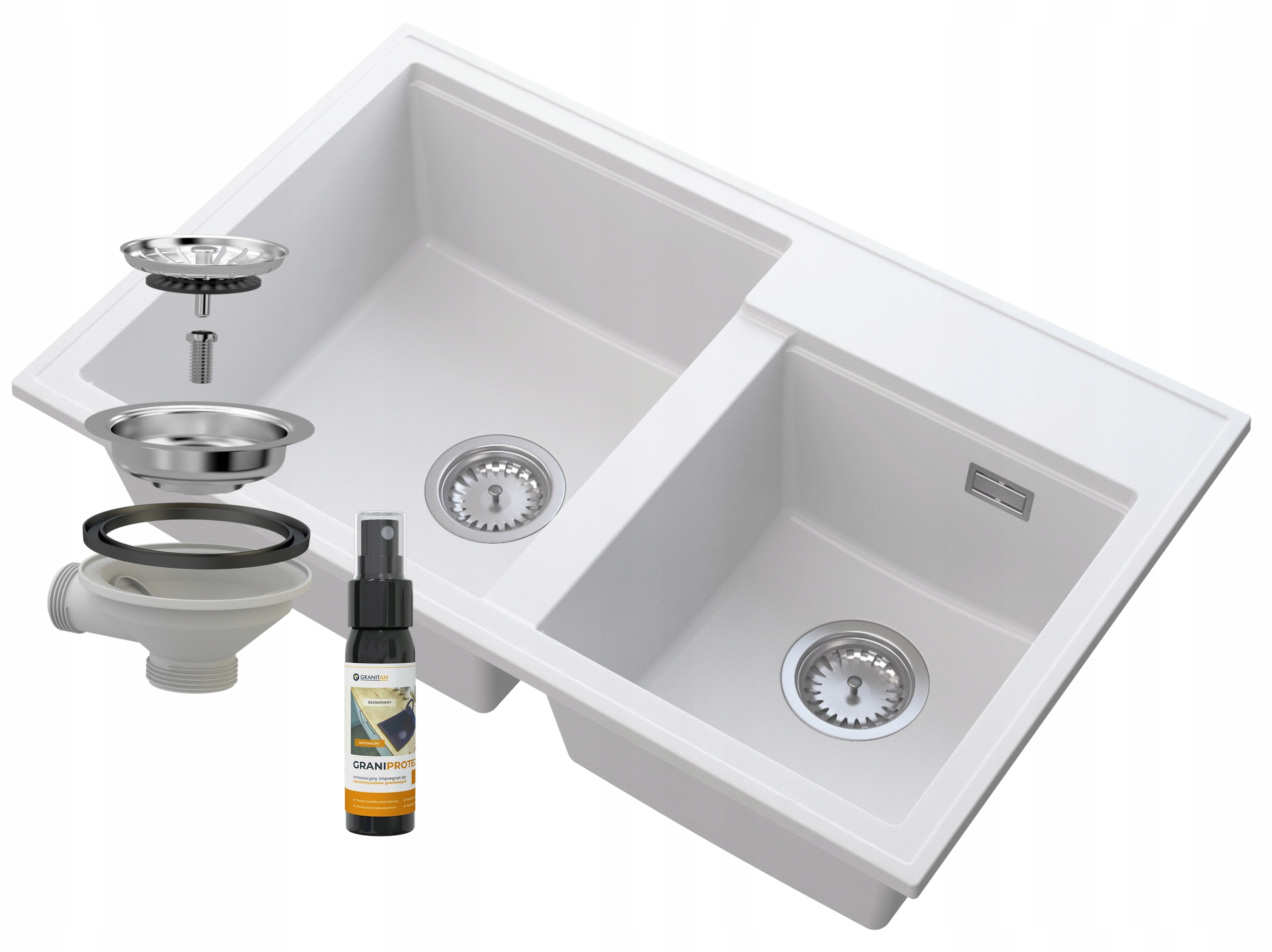 Biely Hektorový Granitový Drez, Sifón, Chróm, 2 Komory