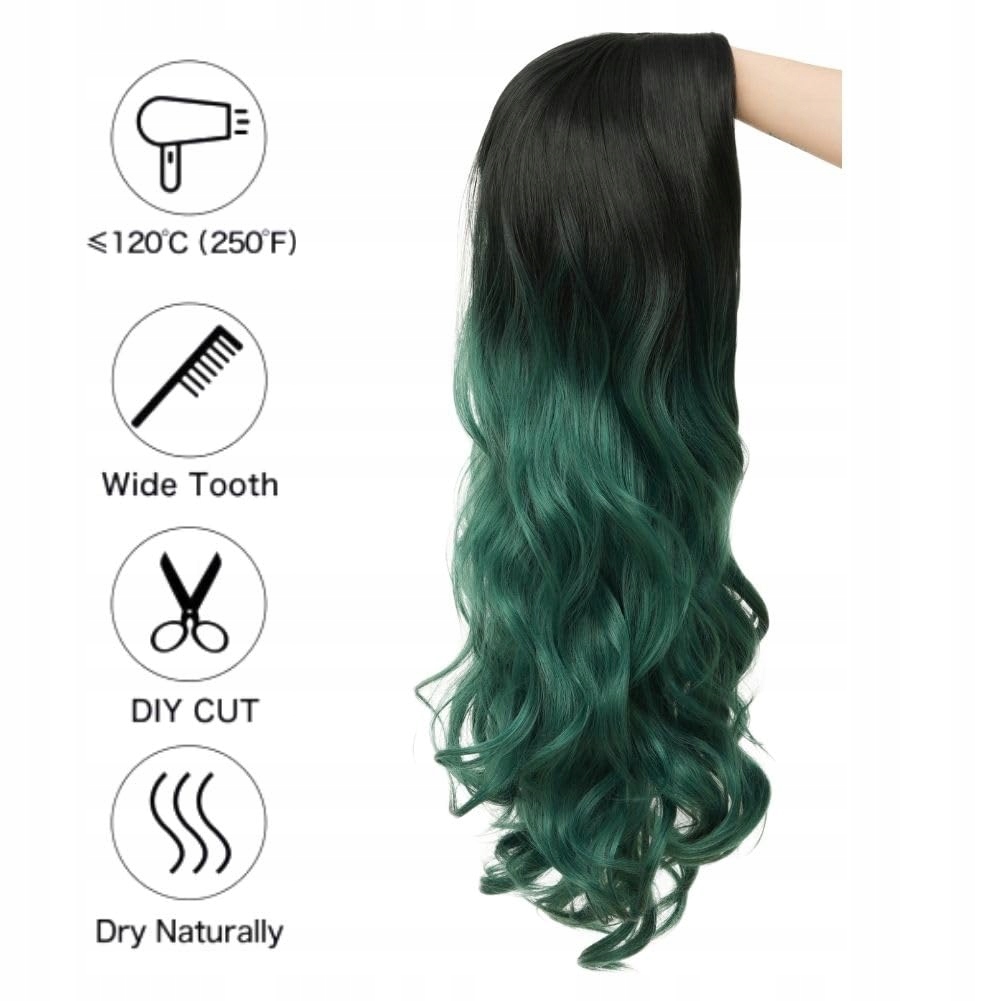 2X Vlasy Paruka Ombre Dlouhá Vlnitá Černo Zelená Kudrnaté Vlasy Syntetika