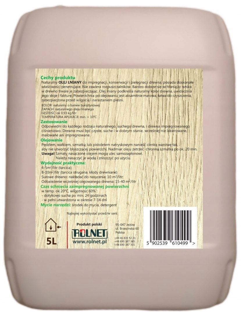Olej lniany Impregnat do drewna BEZ DODATKÓW 10 l Marka Rolnet