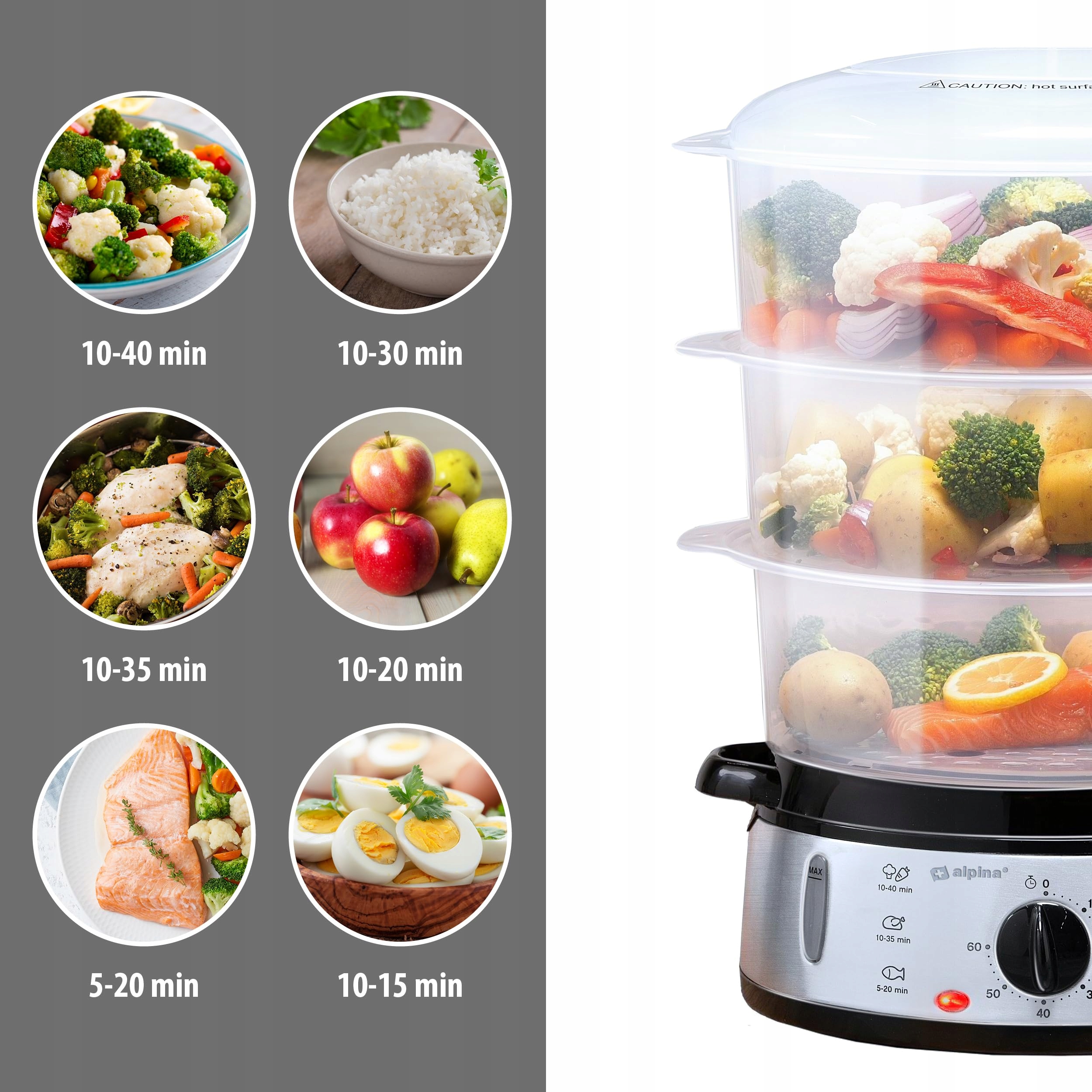 ALPINA Parowar 230V 800W 3 Poziomy BPA Free 9L Szary Plastik RVS — miniatura 5