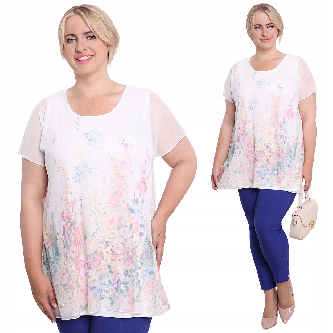 Bílá šifonová tunika s květinovým vzorem, velikost 48