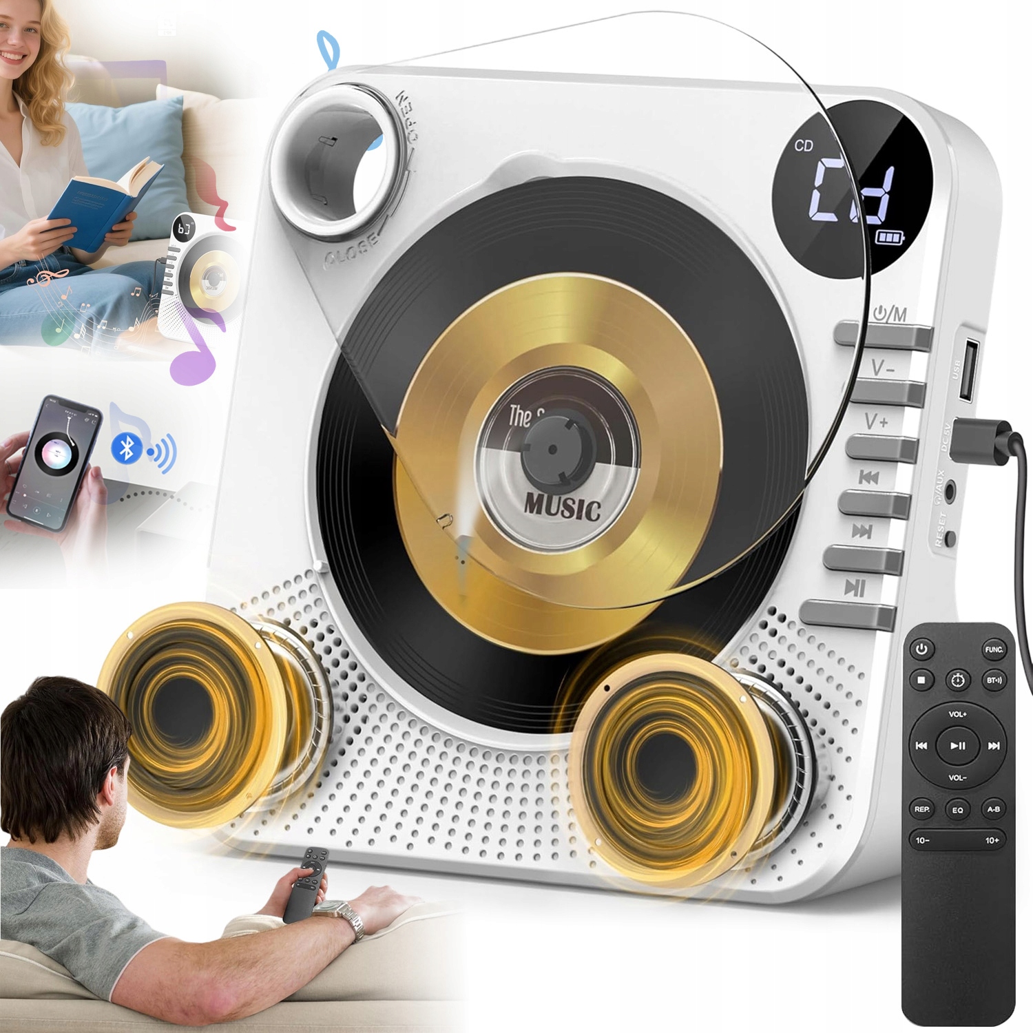 Přenosný CD Přehrávač Bluetooth Reproduktor 5.0 Rádio Aux Usb Fm MP3 LCD HiFi