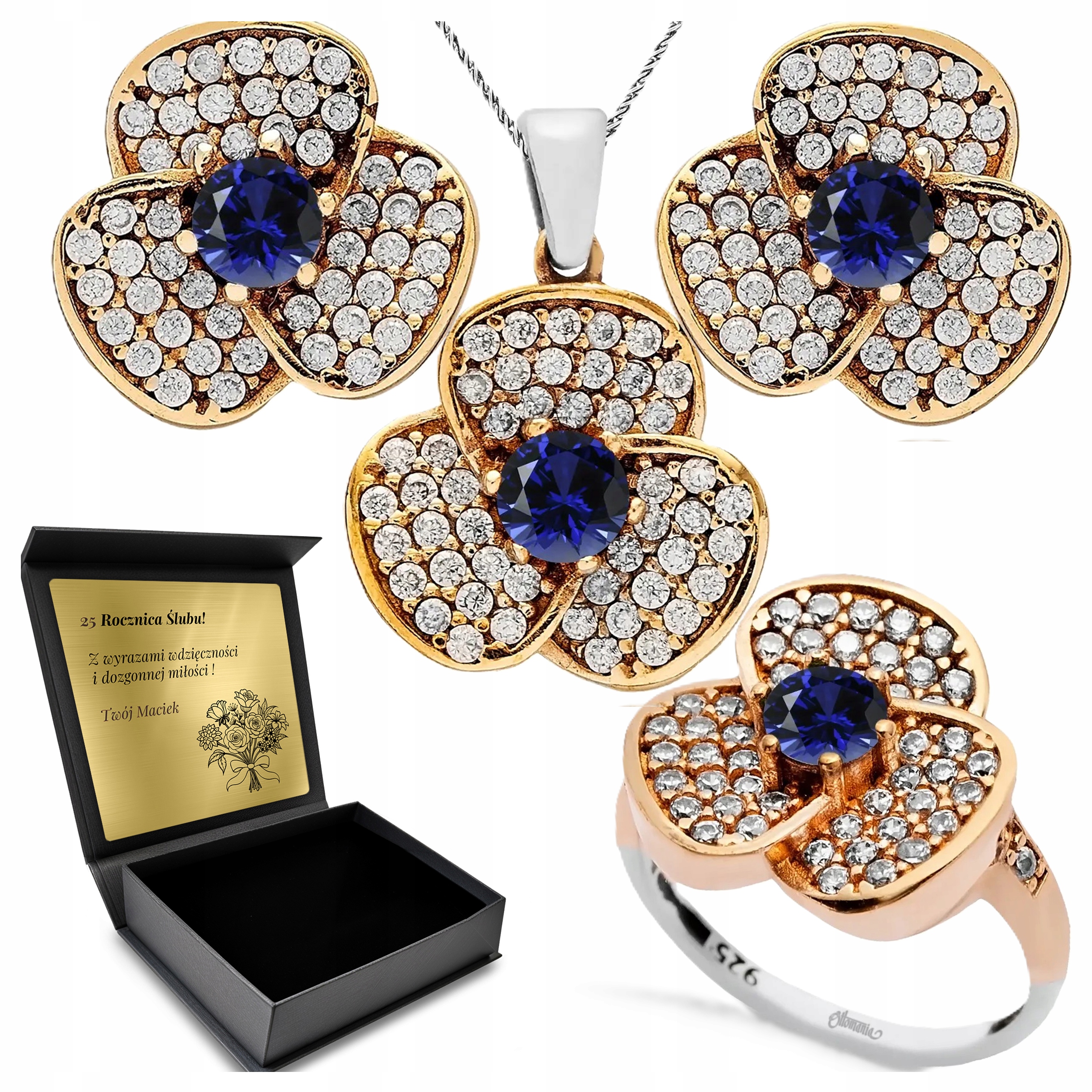 Komplet Stříbrných Šperků 925 Zirkony Safír Dárek pro ženu Gravírování