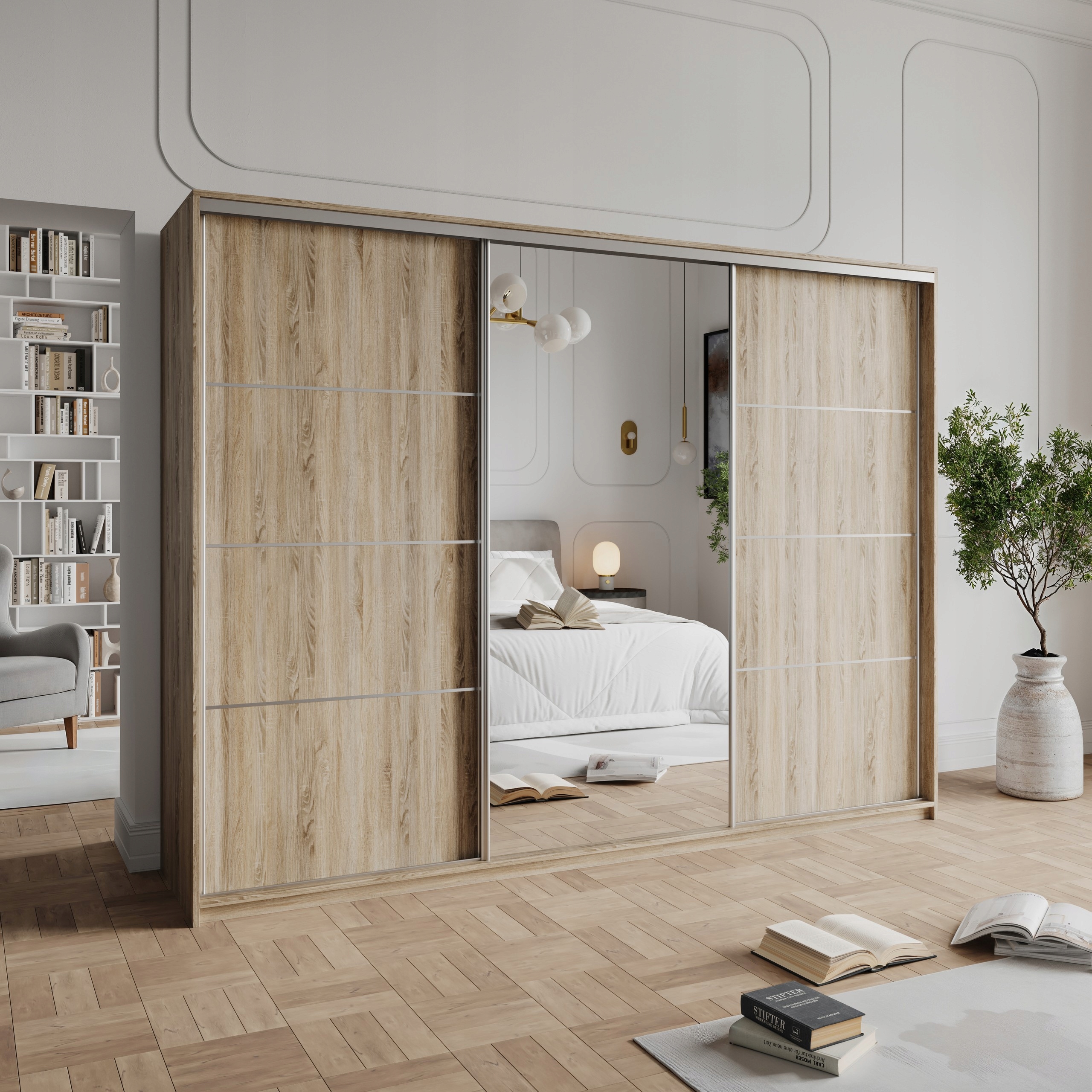 Skříň 250 cm se zrcadlem Zásuvky Třídveřová Sonoma Satén