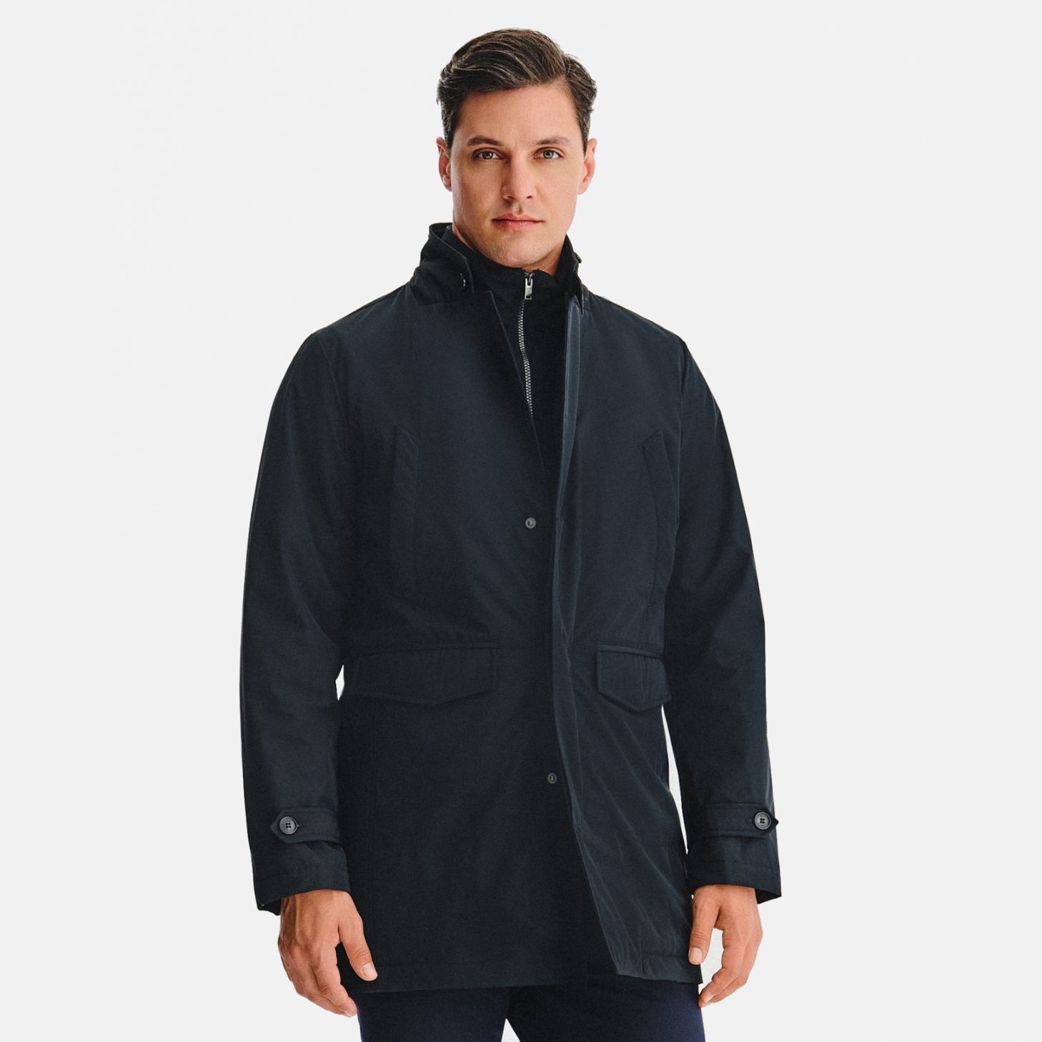 Tmavě modrý pánský kabát s odnímatelným límcem Pako Lorente vel