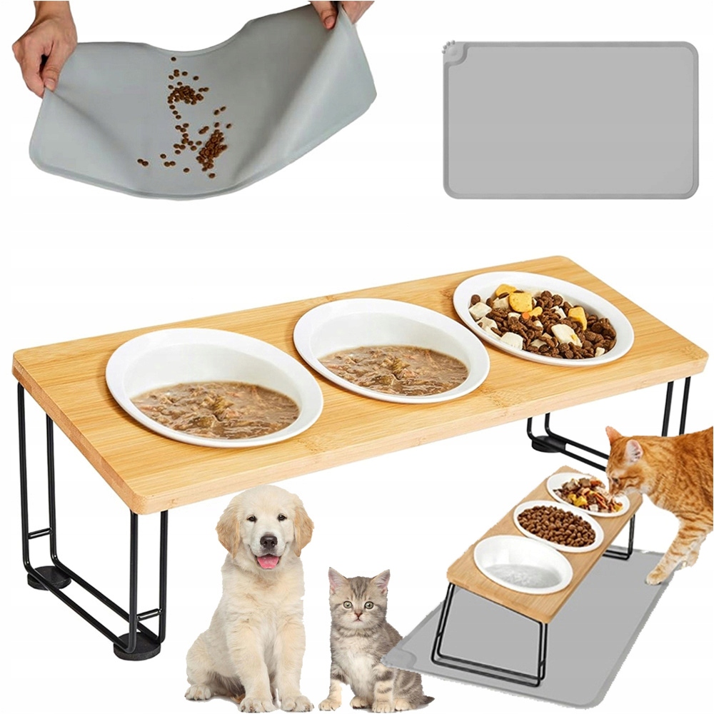 Levně Vyvýšená Miska Pro Kočky, Dřevěná, Sada 3 Ks Misky Z Keramiky