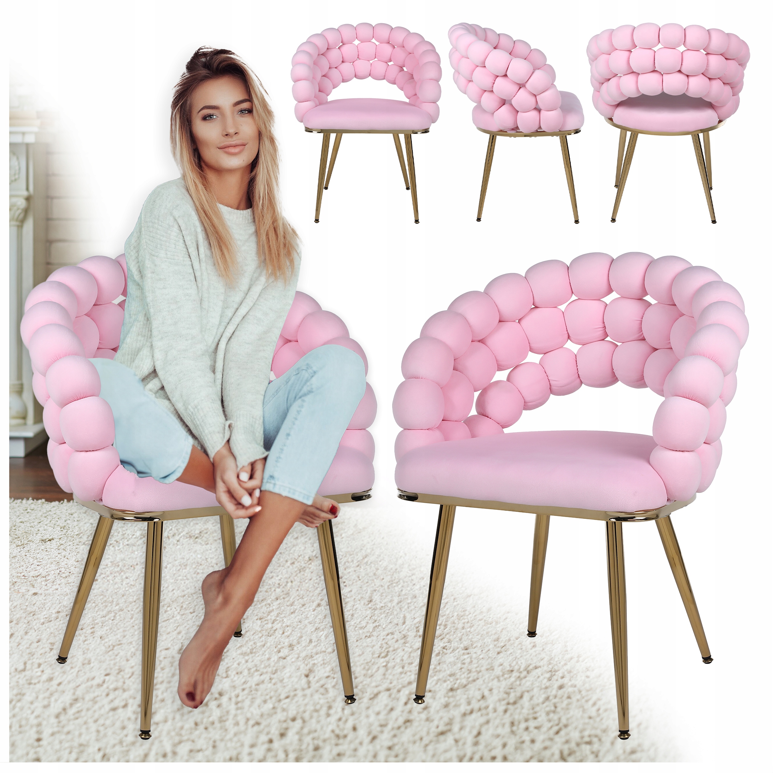 Fotel Krzesło Bubble Welurowe Tapicerowane Atria Pudrowy Róż Nogi Złote