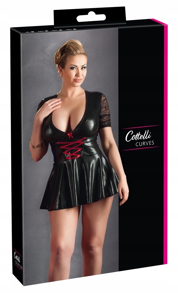 Cottelli Curves mini šaty černá s červeným šněrováním 2XL