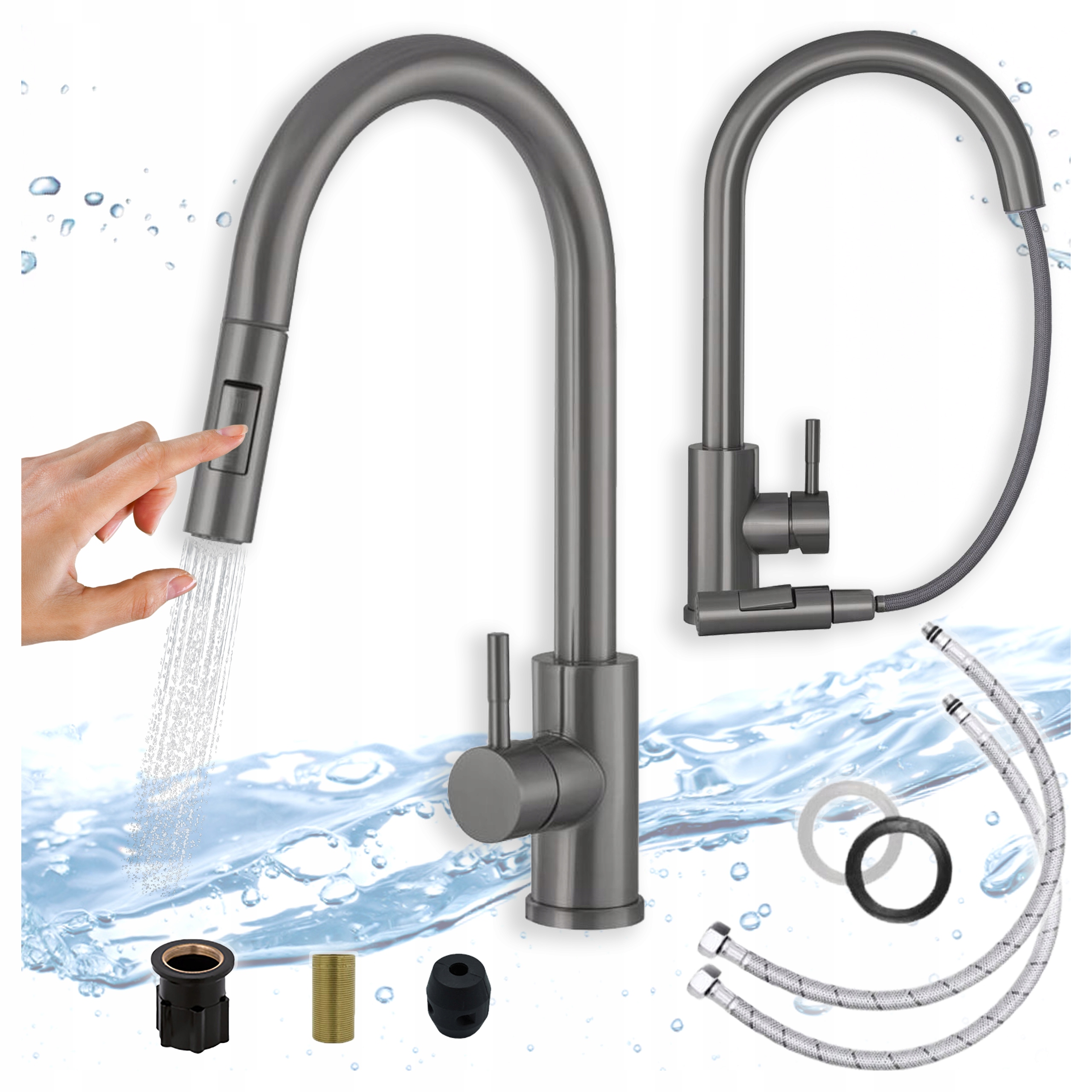 Kuchynská Batéria Tora Gun Metal Vyťahovateľná, pružná, Kuchynský kohútik