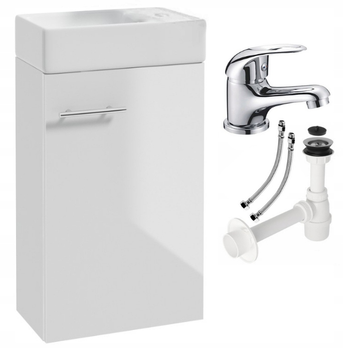 Skriňa s umývadlom do kúpeľne, závesná batéria, biely lesk, 40 cm