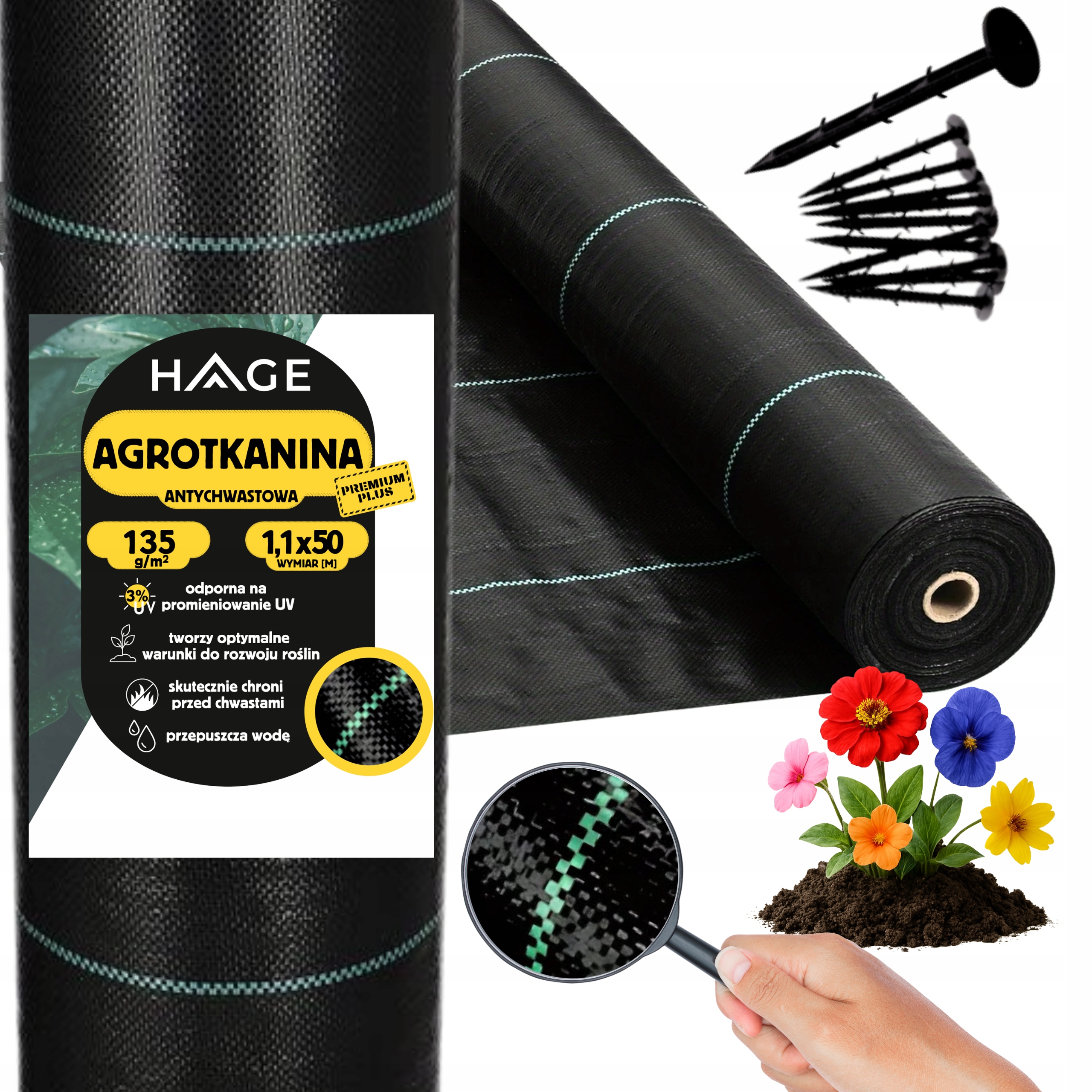 Agrowłóknina 135G 1,1x50m Czarna Uv Agrotkanina Mata Antychwastowa Kotwy