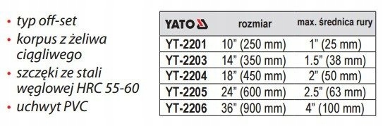YATO YT-2201 KLUCZ DO RUR Z UCHWYTEM PVC, 250MM Stan opakowania oryginalne