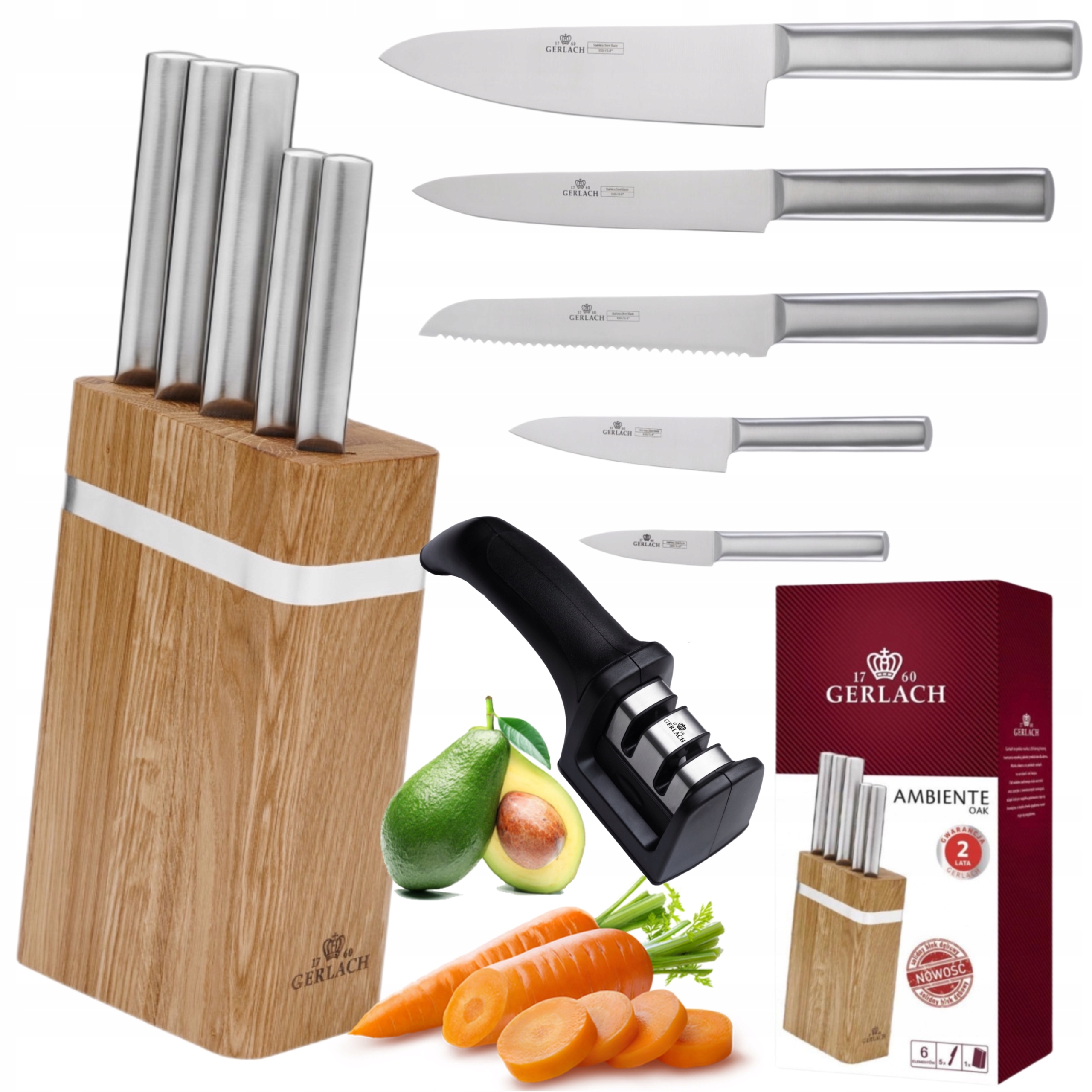 Sada 5 Oceľových Nožov Gerlach Ambiente V Bloku Kuchynské Drevo Brusný Kameň