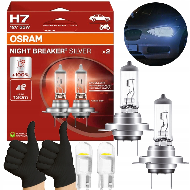 Mocne Żarówki H7 Osram Night Breaker Silver W5W Rękawice Zestaw