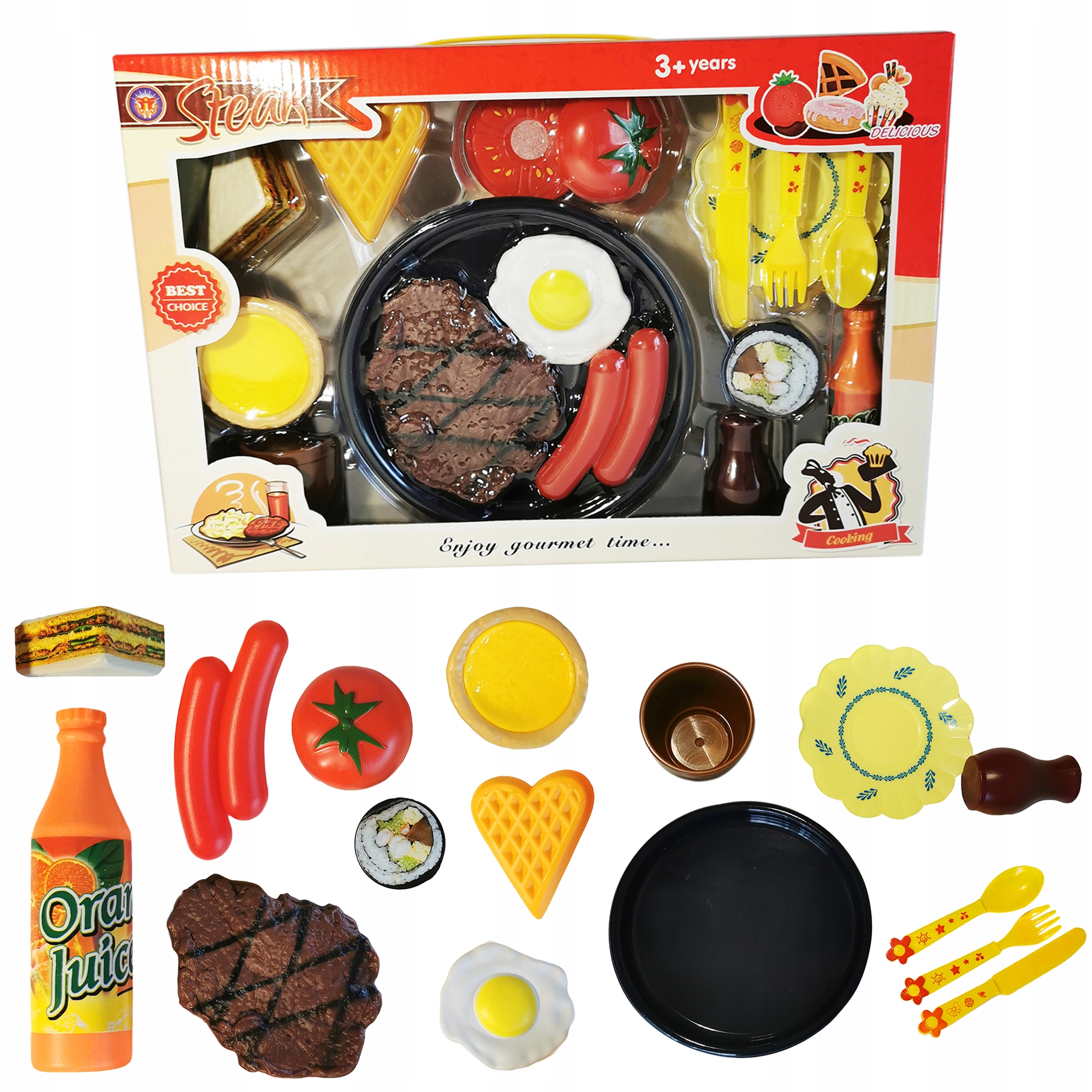 

Zestaw Fast Food Jedzenie Steak Jajko Sztućce
