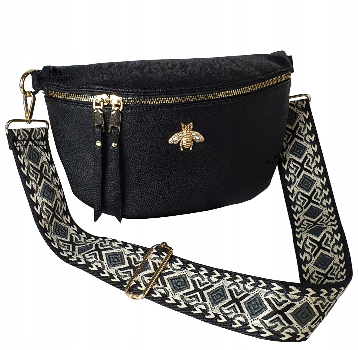 LISTONOSZKA TOREBKA DAMSKA NERKA SASZETKA NA PASKU PSZCZÓŁKA MUSZKA Marka Velluggio