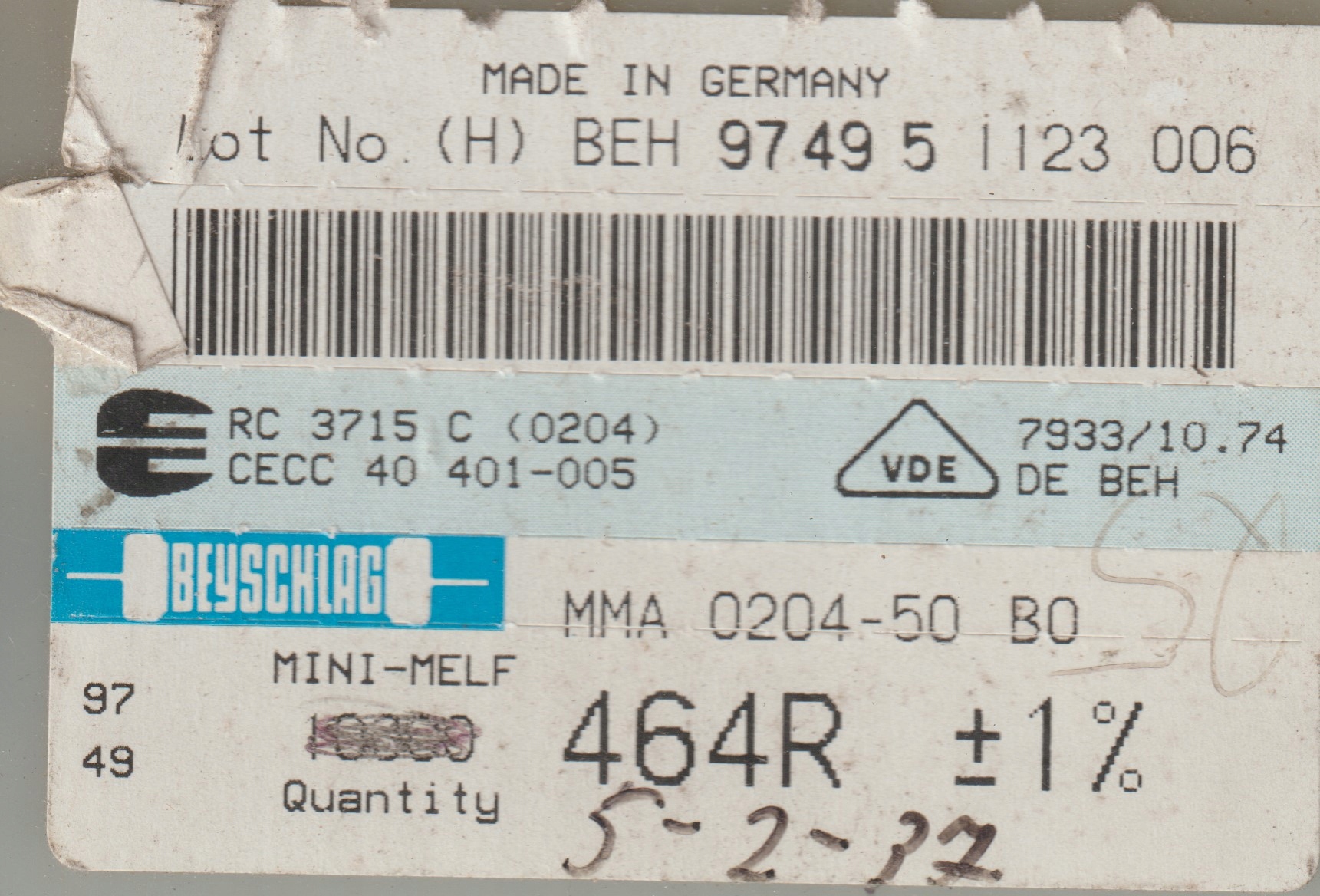 [100szt] 464R 1% 50ppm rezystor Smd minimelf MMA0204 Beyschlag low noise