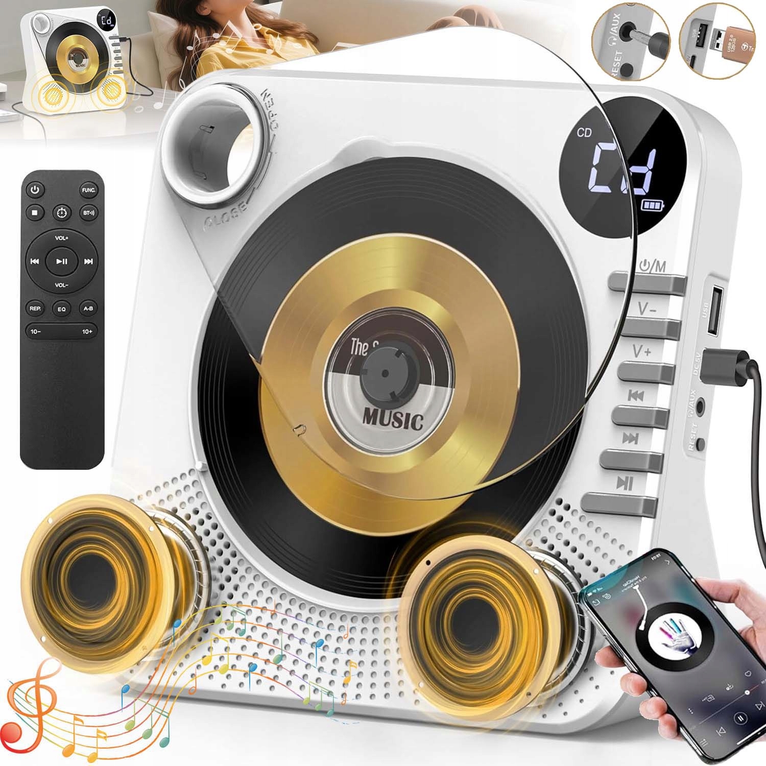 Přenosný Přehrávač CD Reproduktor Bluetooth Rádio Aux Usb Fm MP3 Dálkové Ovládání