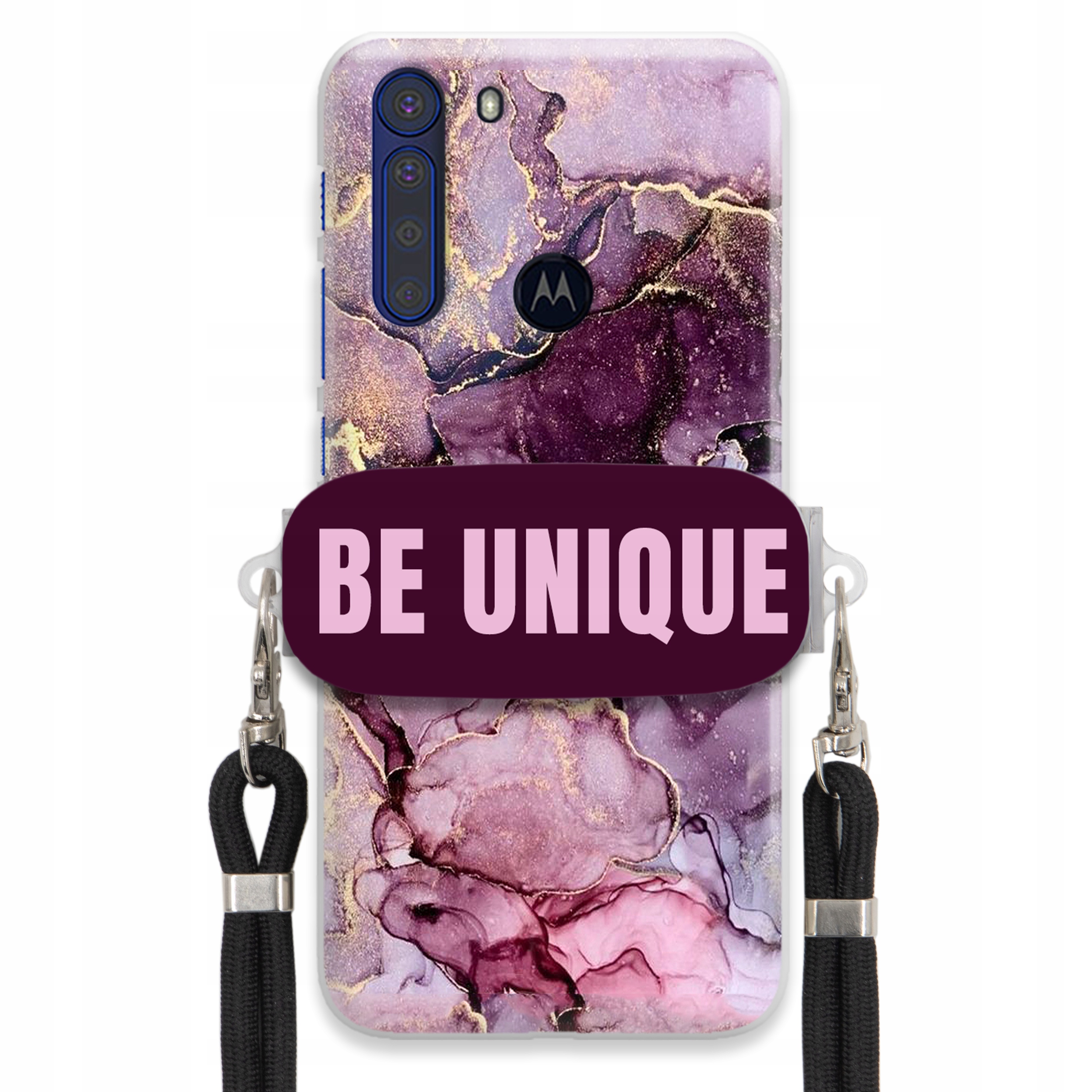 Pouzdro pro Motorola One Fusion Case Uchyt pro šňůrku Černý Fialový Mramor