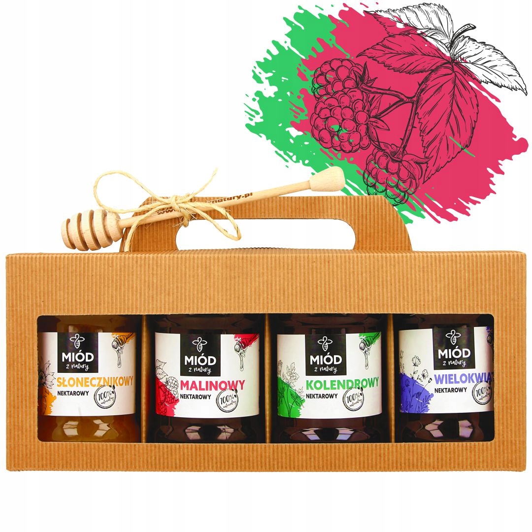 Levně Dárková sada medů 4x400g Miód z Natury s malinovým medem! +dárek!