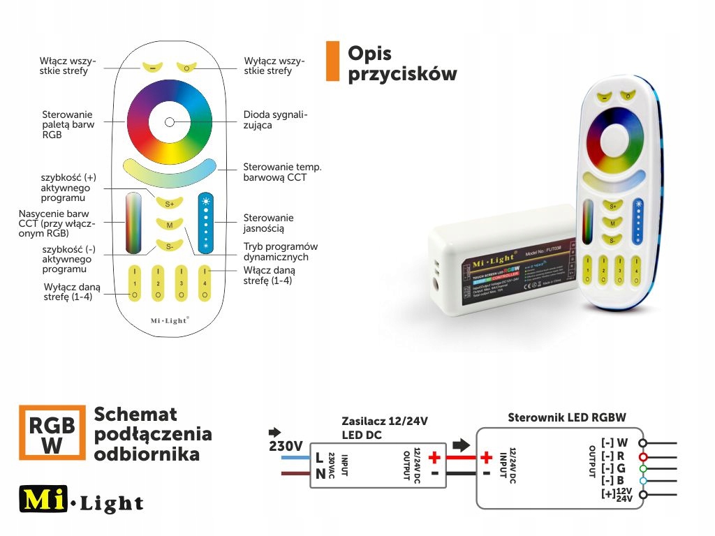 Pilot RGBW ściemniacz WW/CW RING 4 Strefy Milight Rodzaj inny